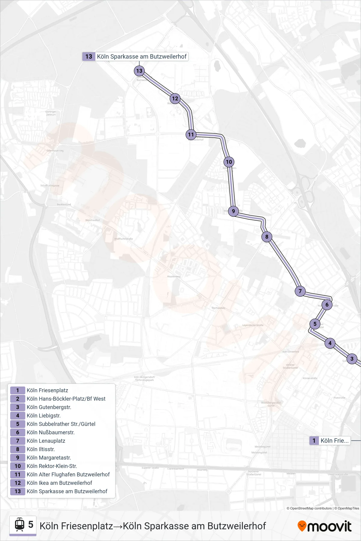 5 light rail Line (Köln Friesenplatz→Köln Sparkasse am Butzweilerhof) route and stops on a map