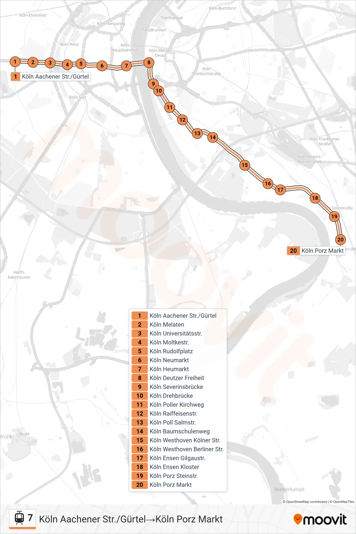 Linie 7 (Straßenbahn) Richtung Köln Aachener Str./Gürtel→Köln Porz Markt: Route und Haltestellen auf der Karte
