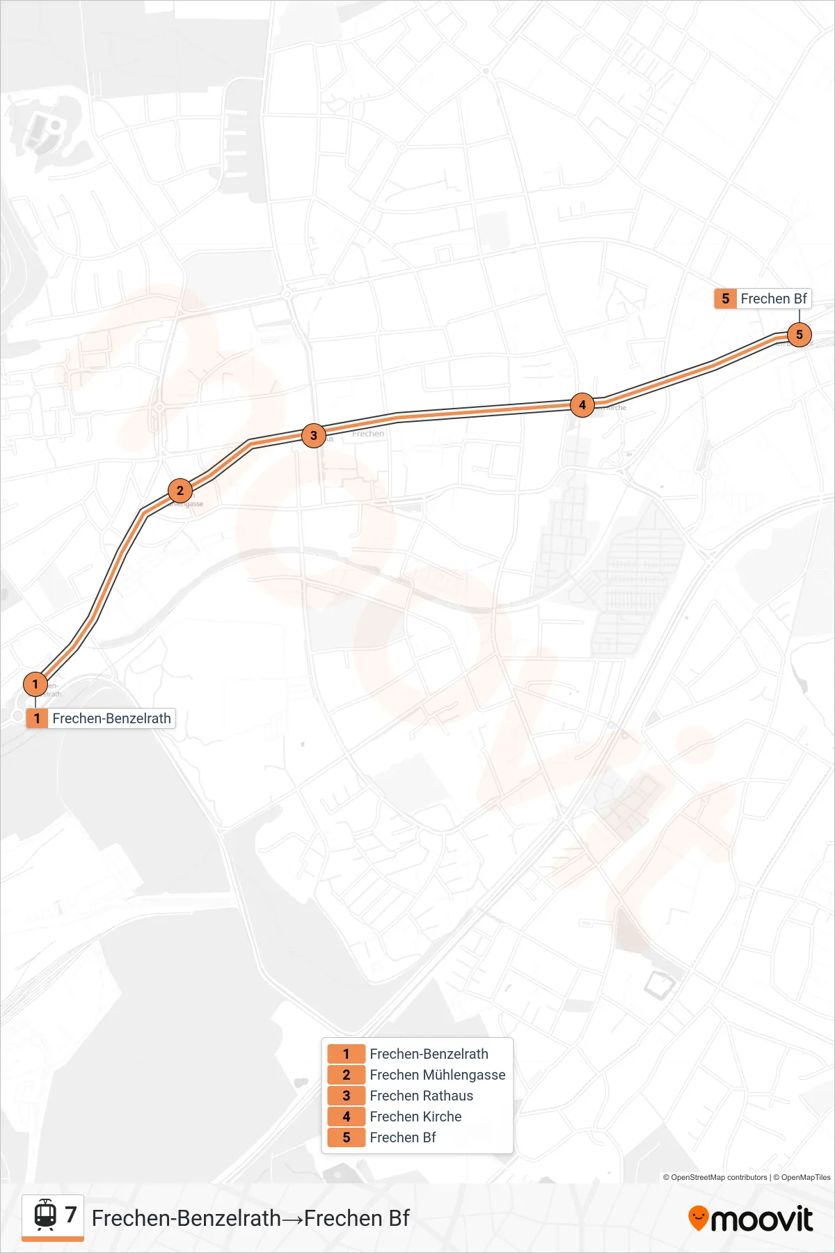 Linie 7 (Straßenbahn) Richtung Frechen-Benzelrath‎→Frechen Bf: Route und Haltestellen auf der Karte