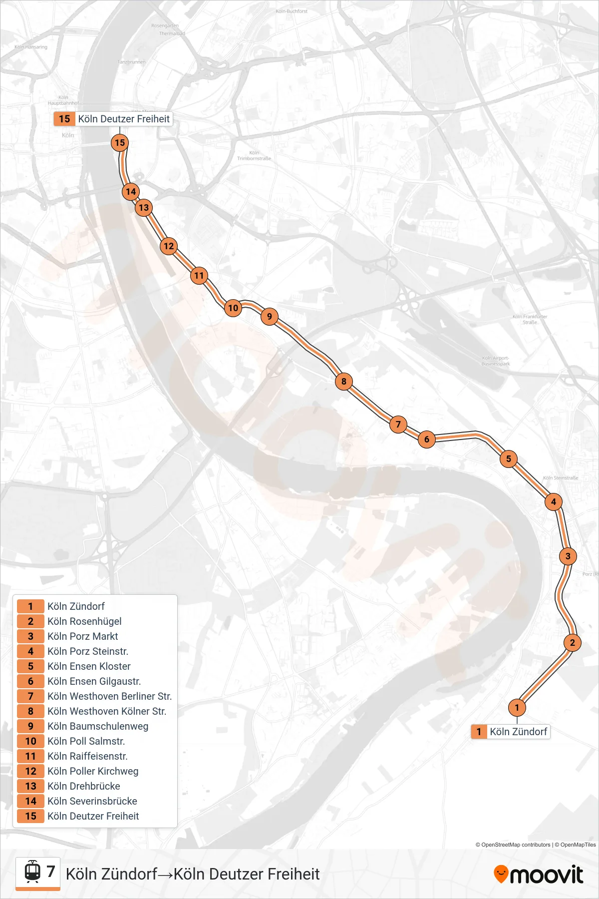 Linie 7 (Straßenbahn) Richtung Köln Zündorf→Köln Deutzer Freiheit: Route und Haltestellen auf der Karte