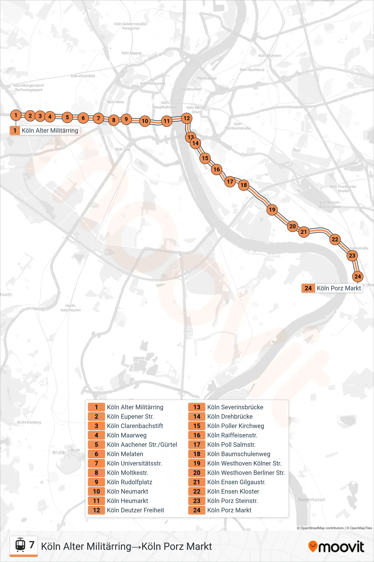 Linie 7 (Straßenbahn) Richtung Köln Alter Militärring→Köln Porz Markt: Route und Haltestellen auf der Karte