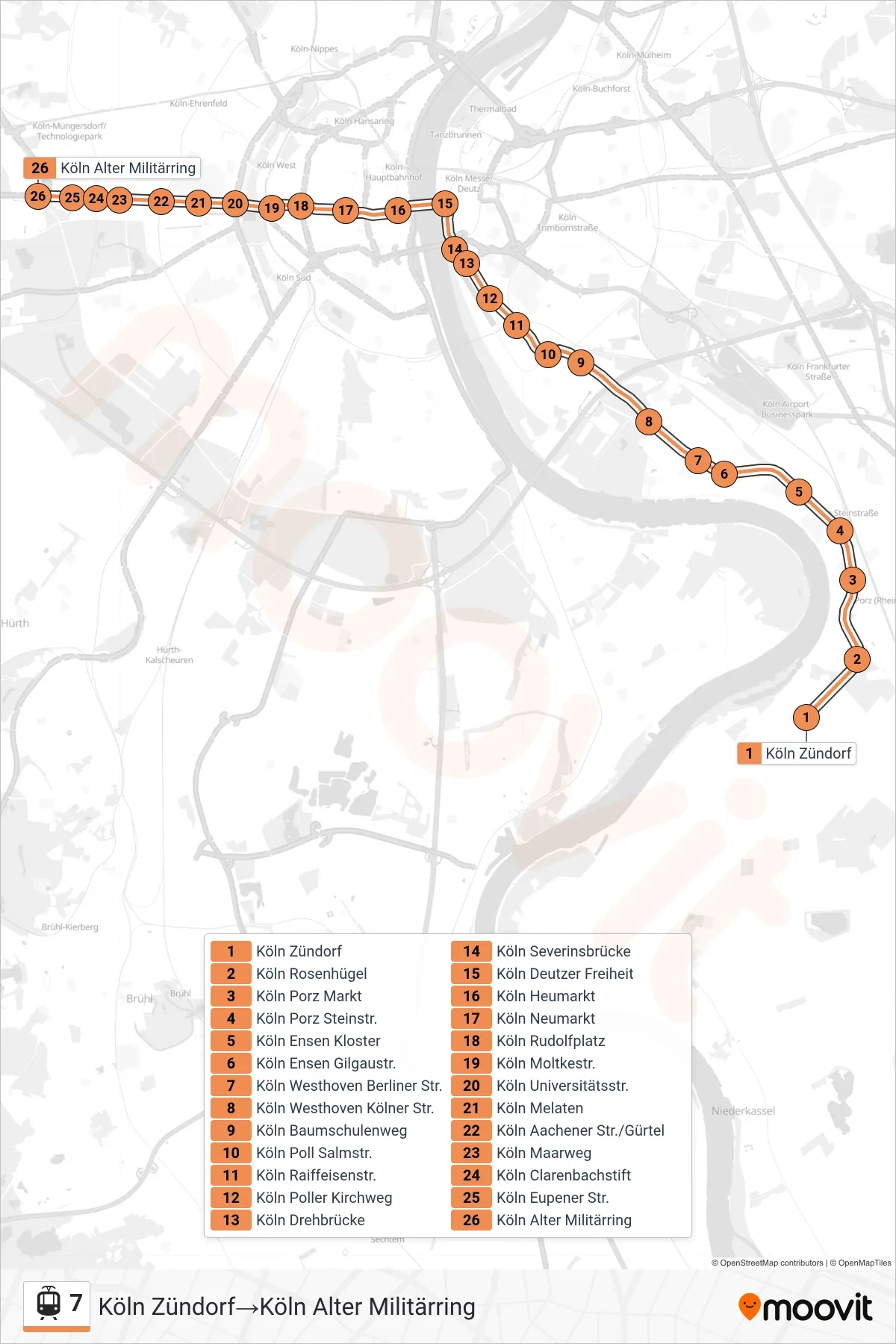 Linie 7 (Straßenbahn) Richtung Köln Zündorf→Köln Alter Militärring: Route und Haltestellen auf der Karte