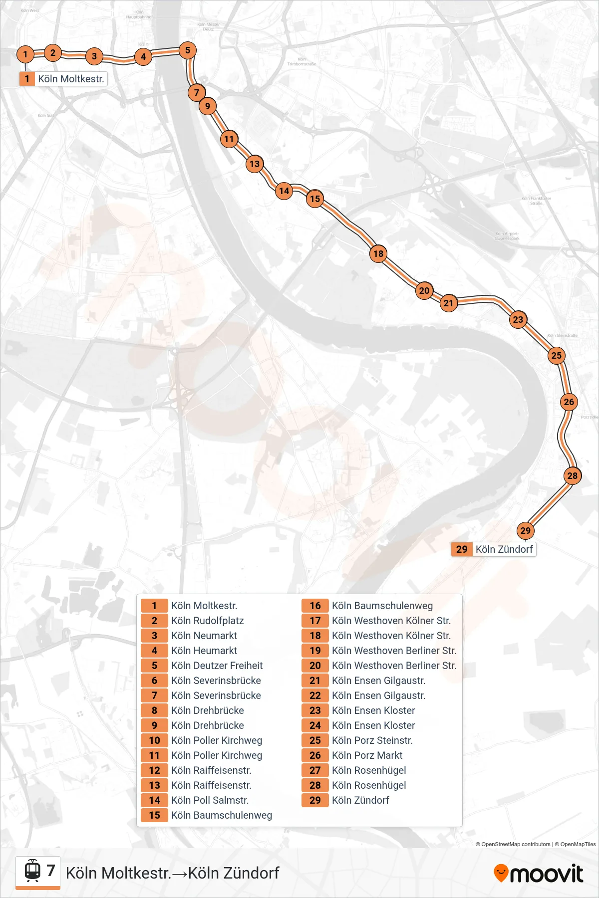 Linie 7 (Straßenbahn) Richtung Köln Moltkestr.→Köln Zündorf: Route und Haltestellen auf der Karte