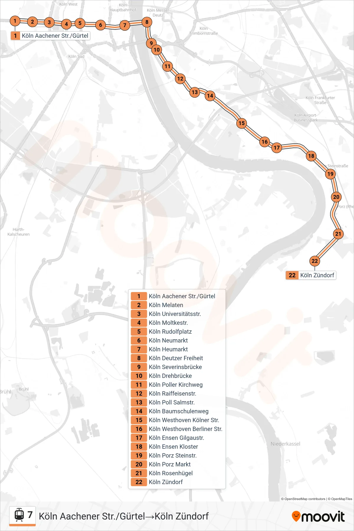 Linie 7 (Straßenbahn) Richtung Köln Aachener Str./Gürtel→Köln Zündorf: Route und Haltestellen auf der Karte