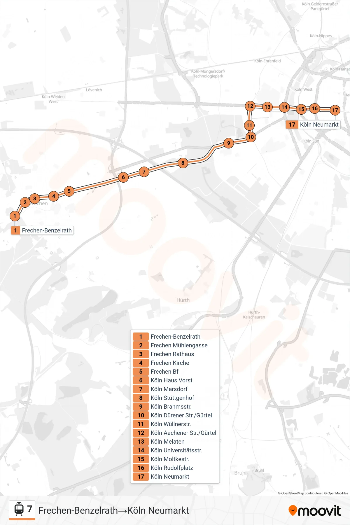 Linie 7 (Straßenbahn) Richtung Frechen-Benzelrath→Köln Neumarkt: Route und Haltestellen auf der Karte
