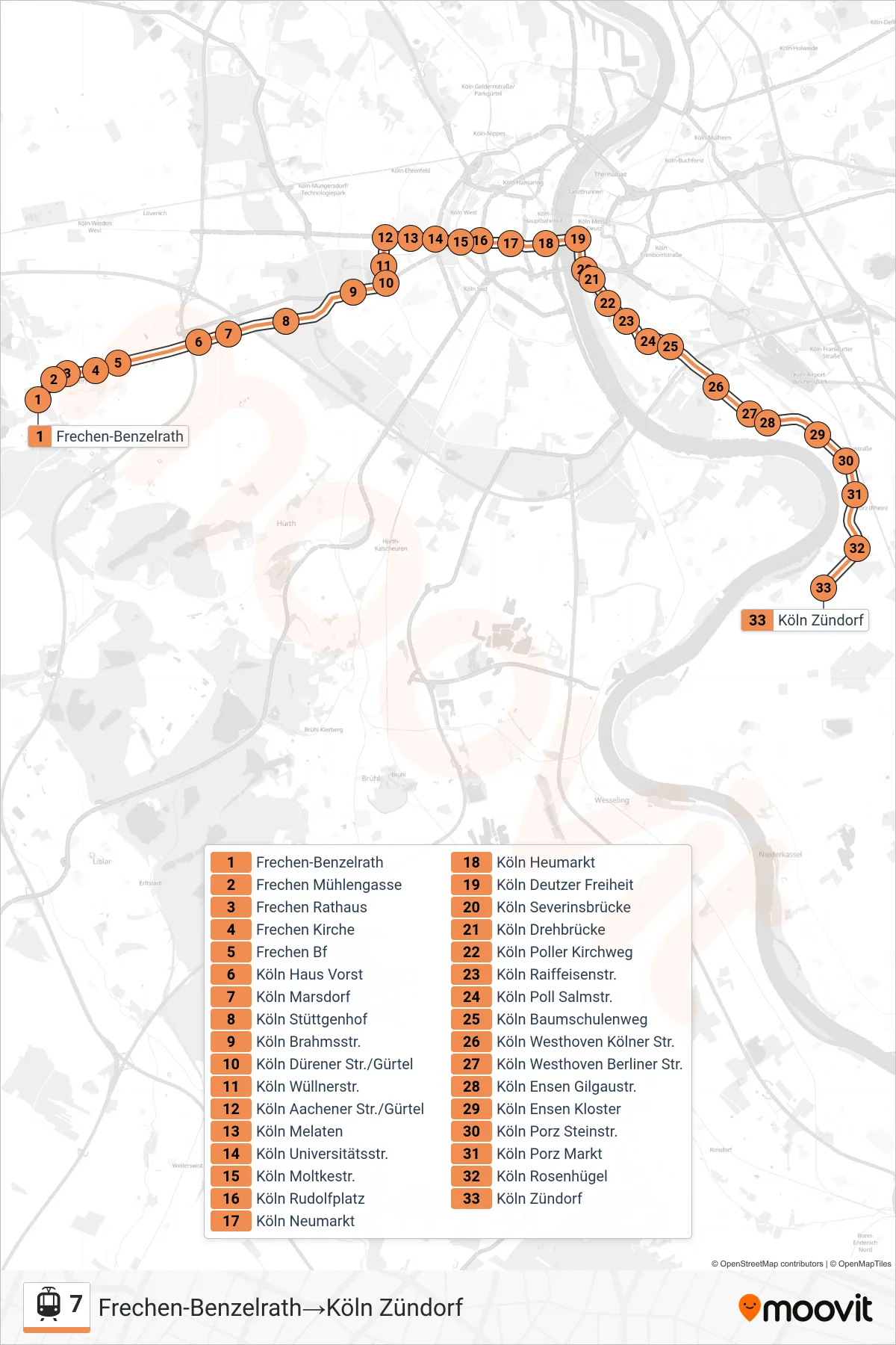 Linie 7 (Straßenbahn) Richtung Frechen-Benzelrath→Köln Zündorf: Route und Haltestellen auf der Karte