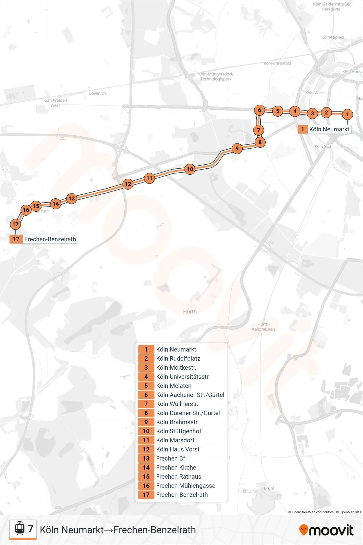 Linie 7 (Tram) Richtung Köln Neumarkt→Frechen-Benzelrath: Route und Haltestellen auf der Karte