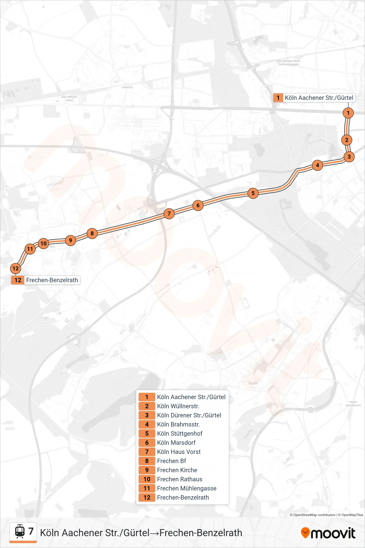 Linie 7 (Straßenbahn) Richtung Köln Aachener Str./Gürtel→Frechen-Benzelrath: Route und Haltestellen auf der Karte