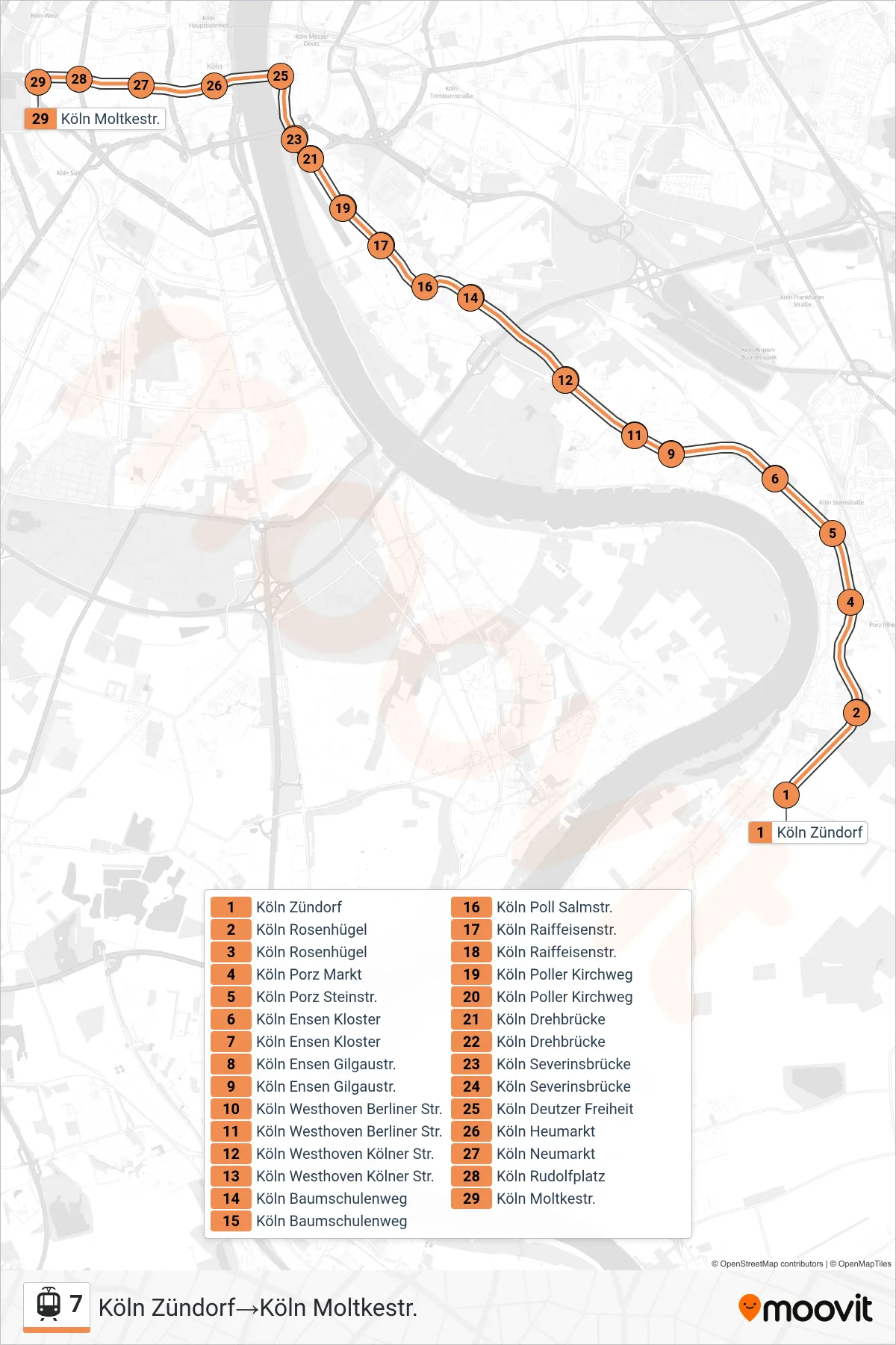 Linie 7 (Tram) Richtung Köln Zündorf→Köln Moltkestr.: Route und Haltestellen auf der Karte
