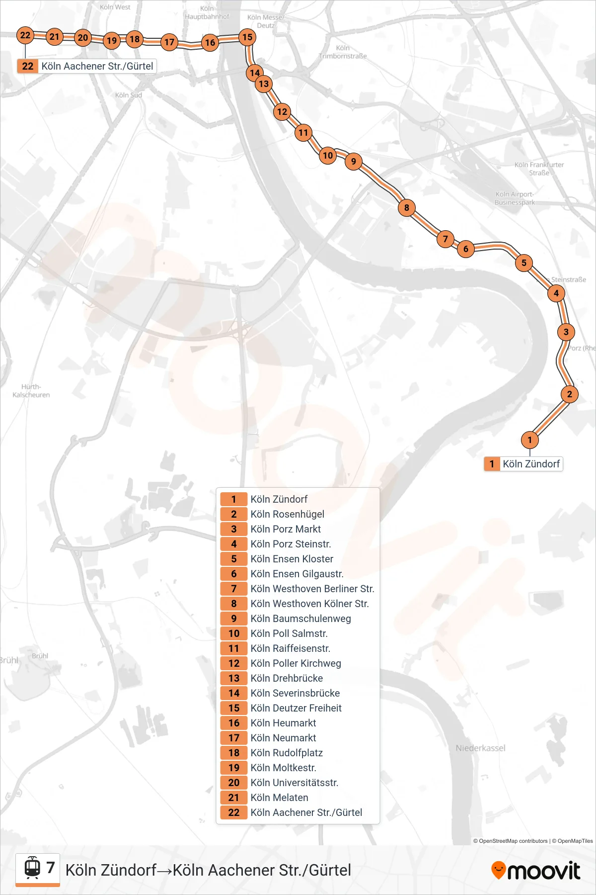 Linie 7 (Straßenbahn) Richtung Köln Zündorf‎→Köln Aachener Str./Gürtel: Route und Haltestellen auf der Karte