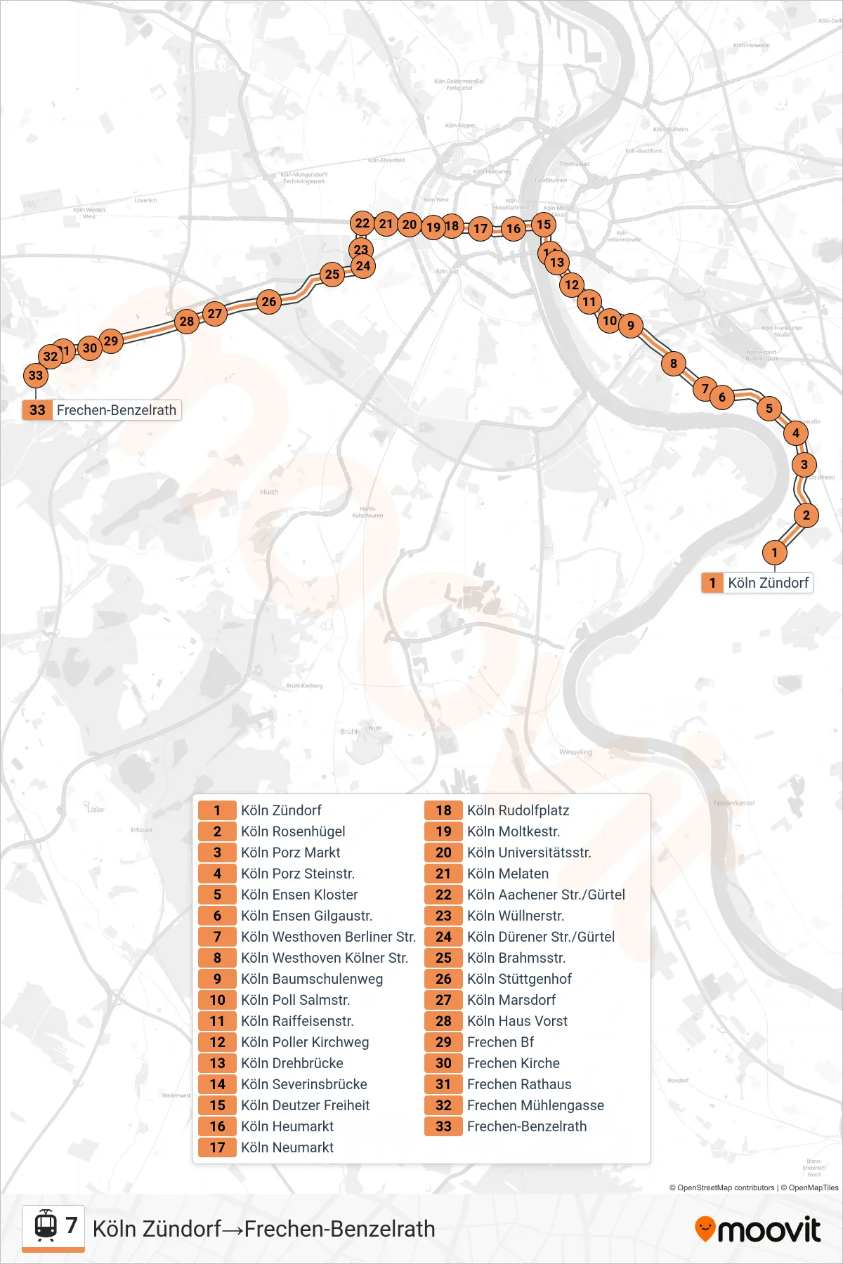Linie 7 (Straßenbahn) Richtung Köln Zündorf→Frechen-Benzelrath: Route und Haltestellen auf der Karte