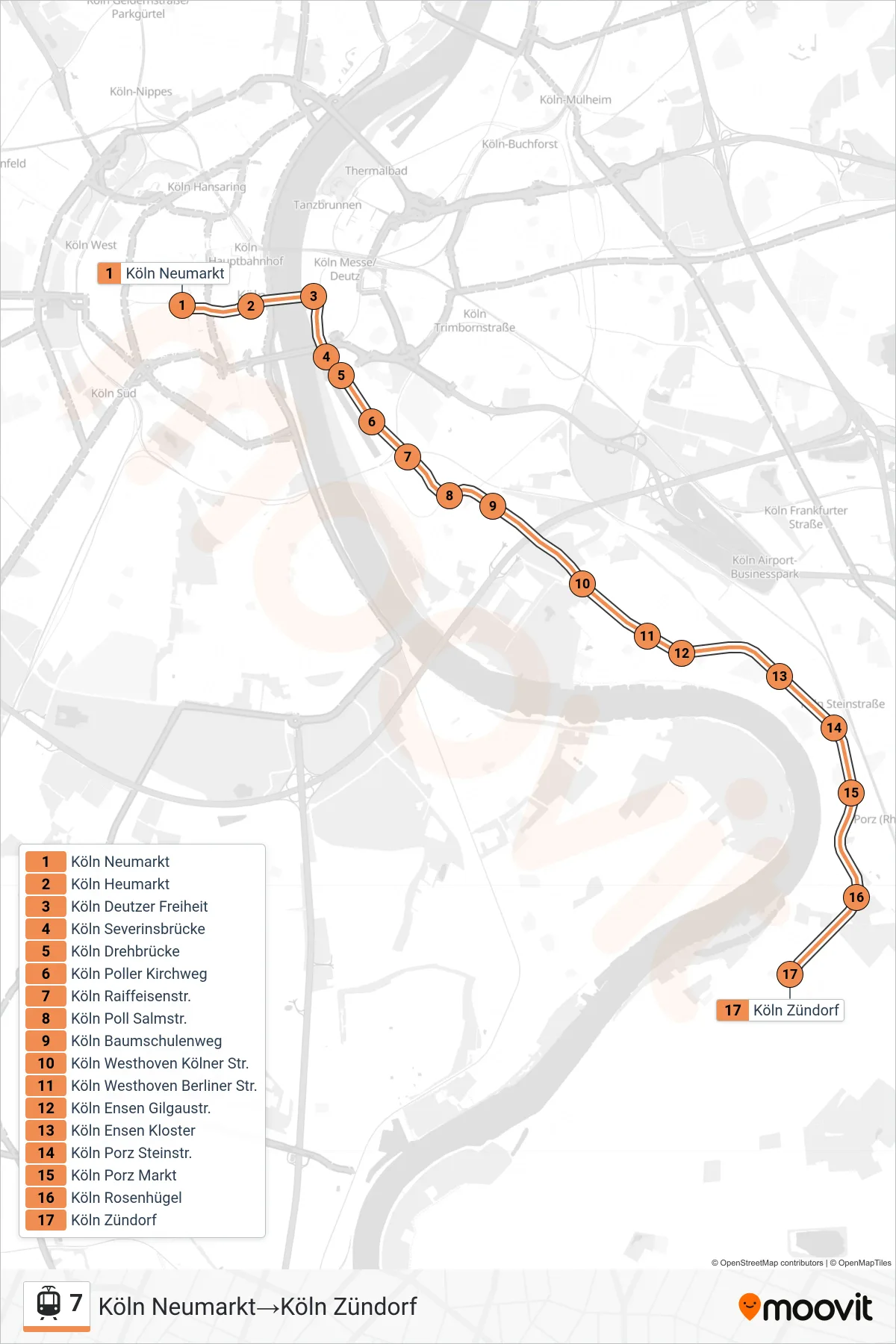 Linie 7 (Straßenbahn) Richtung Köln Neumarkt→Köln Zündorf: Route und Haltestellen auf der Karte