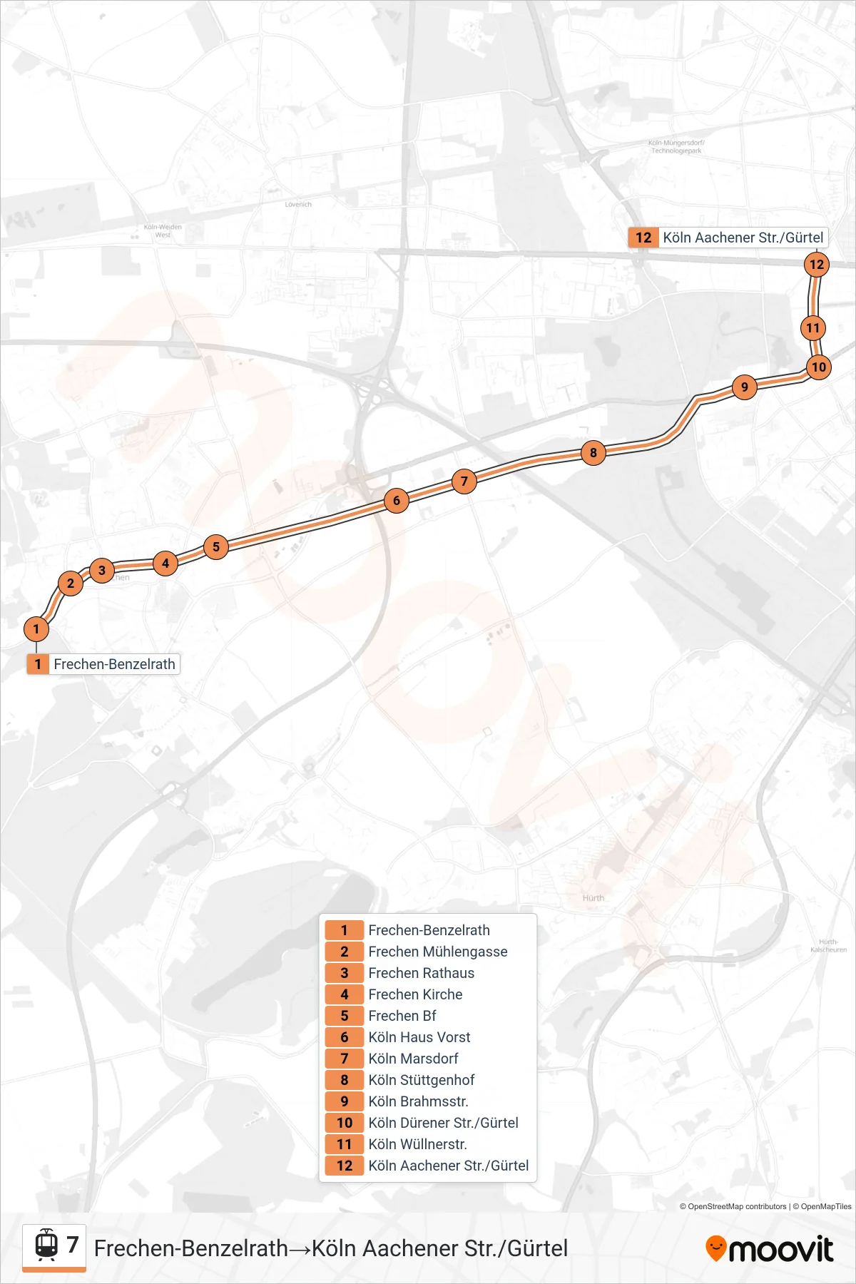 Linie 7 (Straßenbahn) Richtung Frechen-Benzelrath‎→Köln Aachener Str./Gürtel: Route und Haltestellen auf der Karte