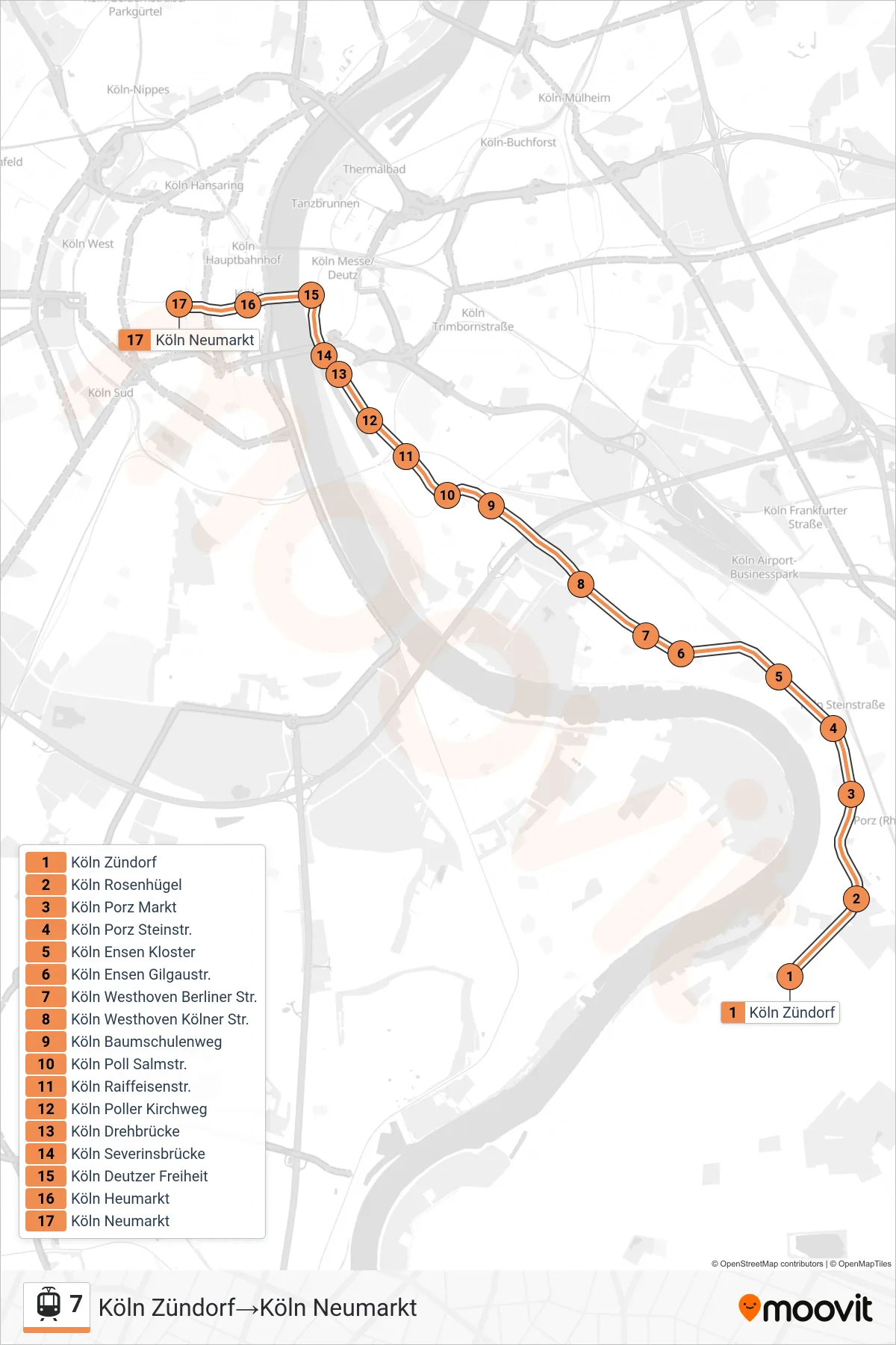 Linie 7 (Straßenbahn) Richtung Köln Zündorf‎→Köln Neumarkt: Route und Haltestellen auf der Karte