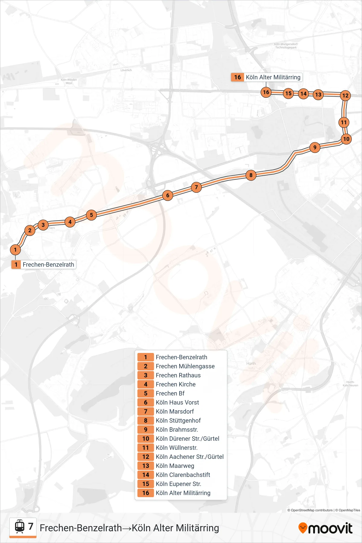 Linie 7 (Straßenbahn) Richtung Frechen-Benzelrath→Köln Alter Militärring: Route und Haltestellen auf der Karte