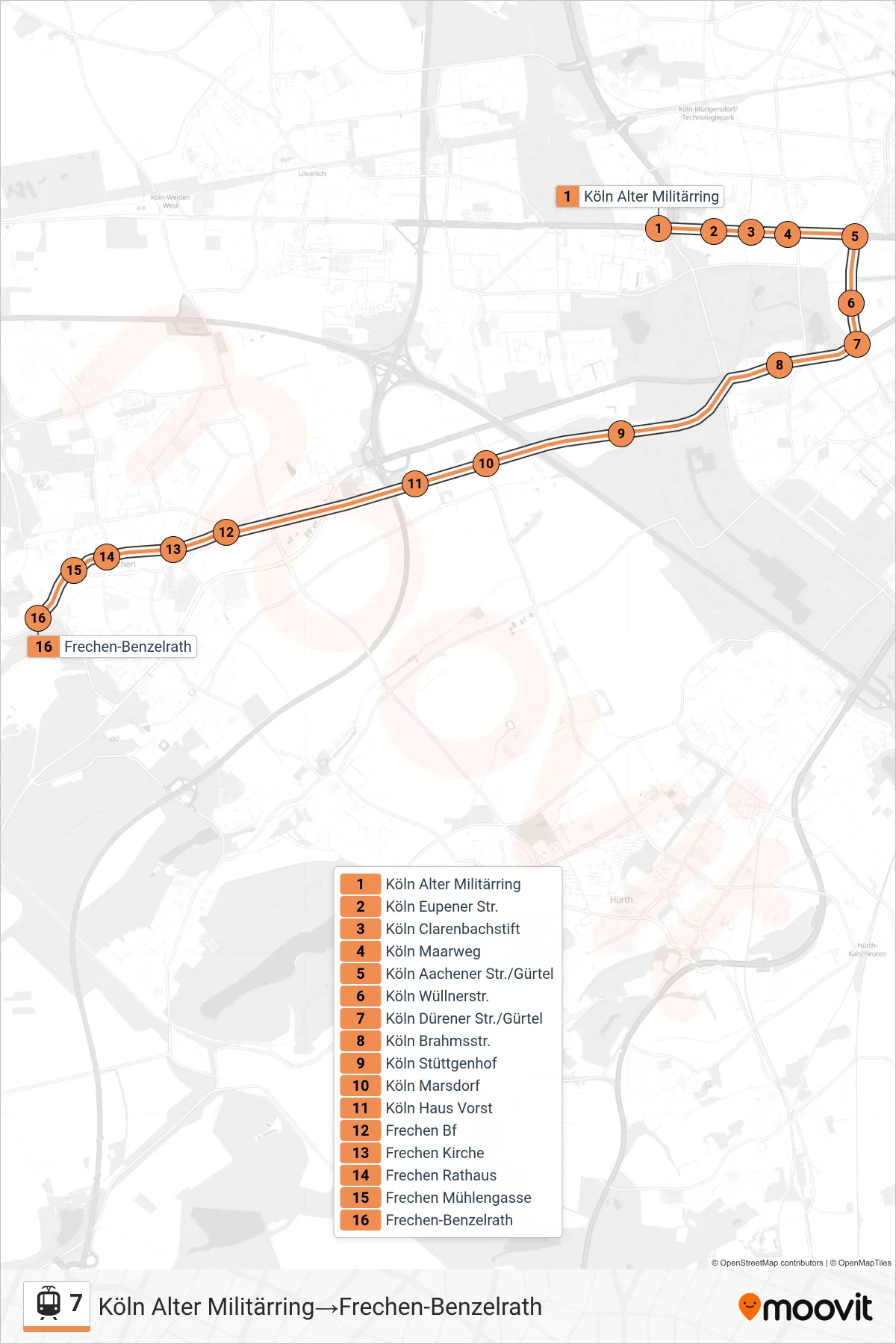 Linie 7 (Straßenbahn) Richtung Köln Alter Militärring‎→Frechen-Benzelrath: Route und Haltestellen auf der Karte