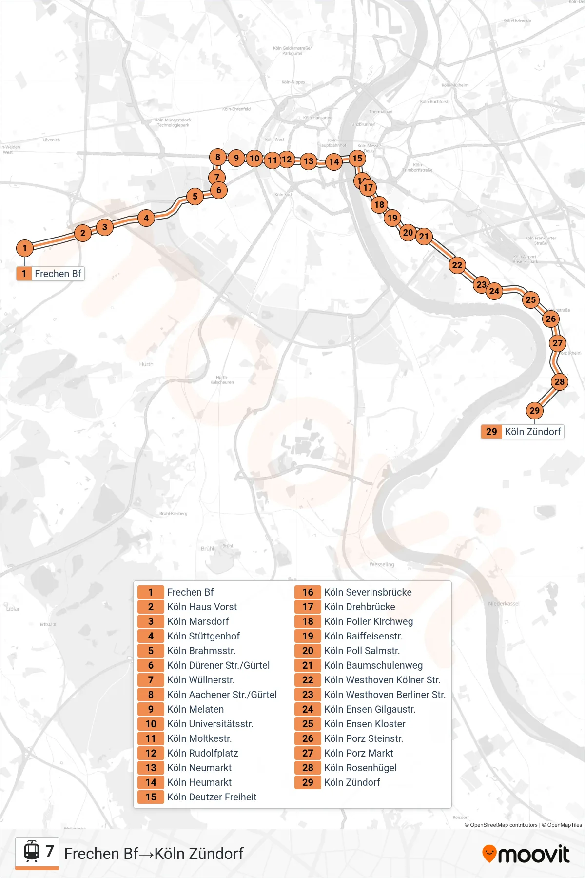 Linie 7 (Straßenbahn) Richtung Frechen Bf→Köln Zündorf: Route und Haltestellen auf der Karte