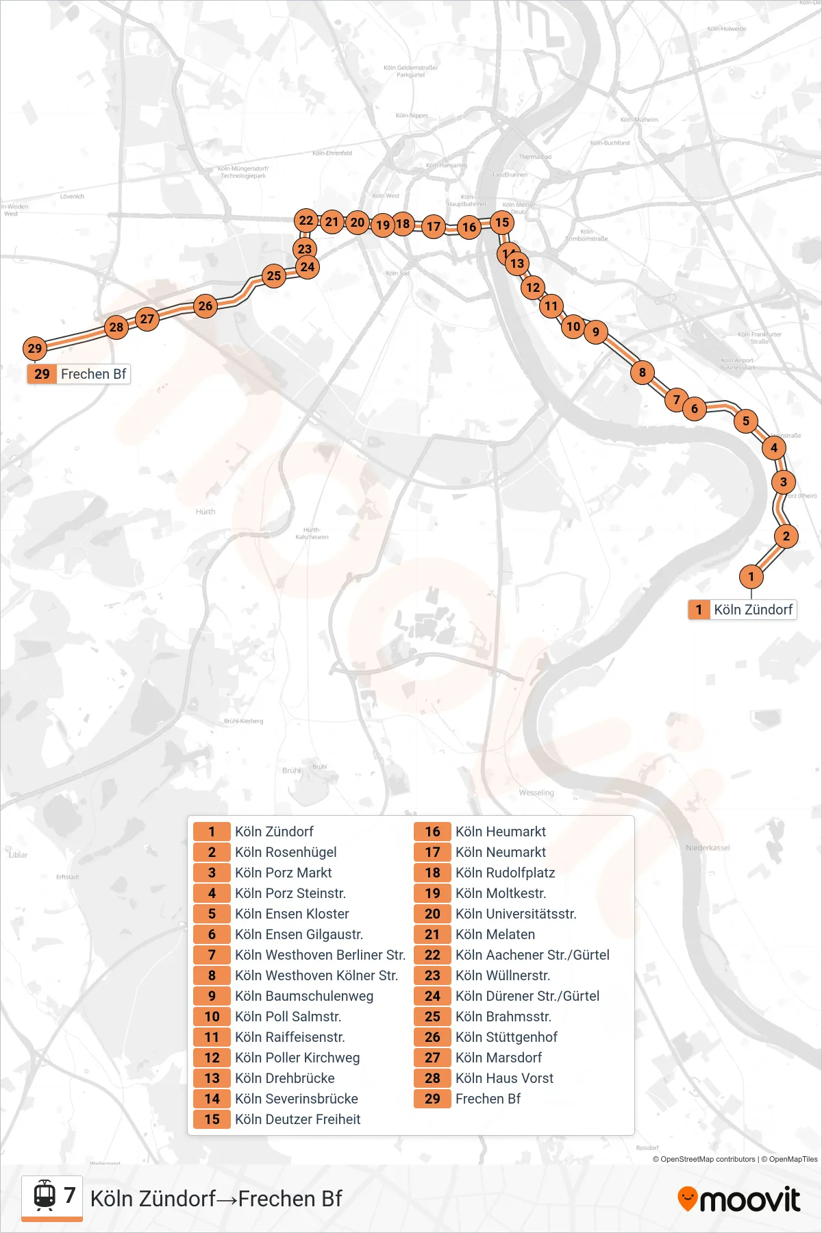Linie 7 (Straßenbahn) Richtung Köln Zündorf‎→Frechen Bf: Route und Haltestellen auf der Karte