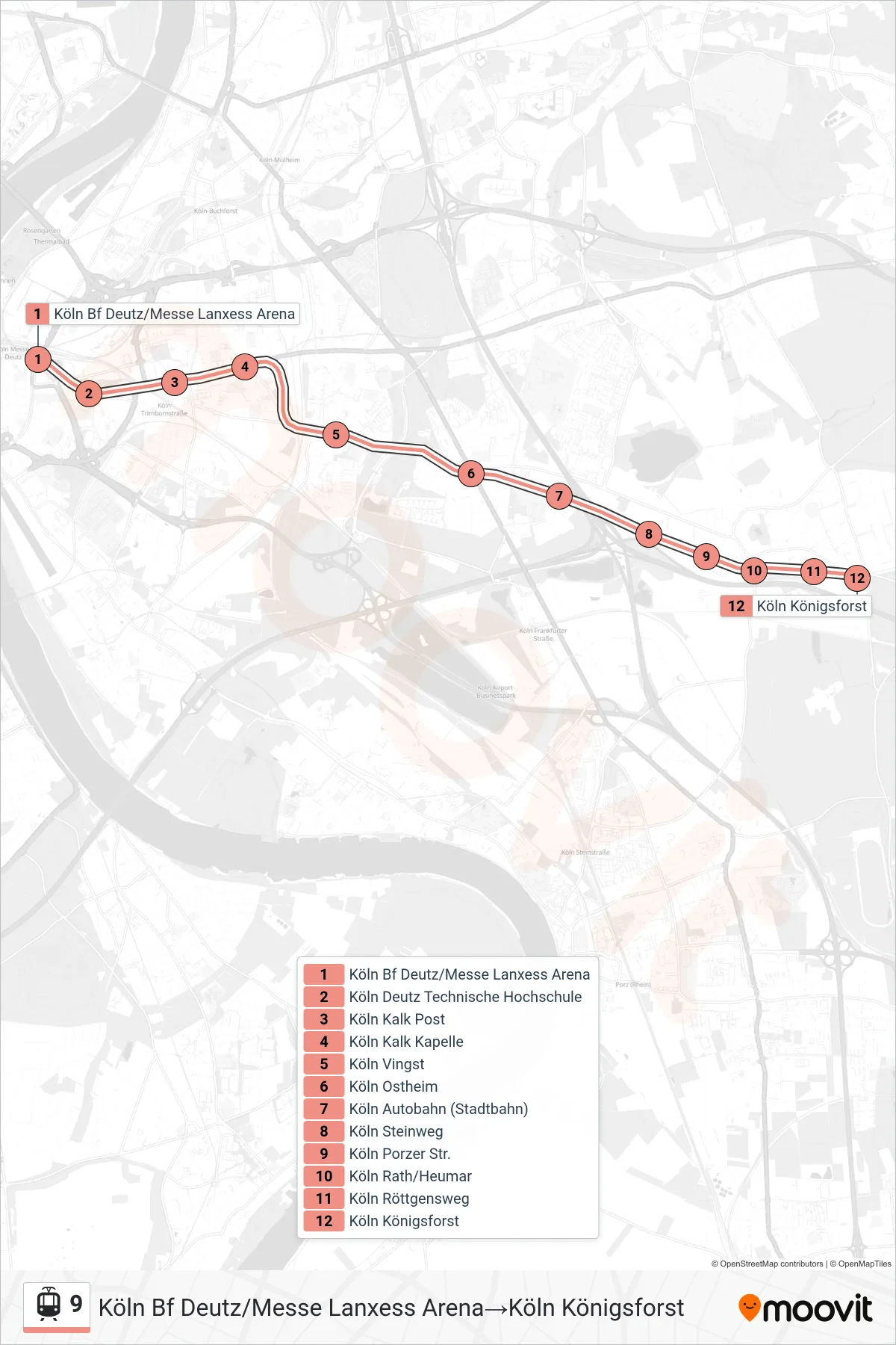 Linie 9 (Straßenbahn) Richtung Köln Bf Deutz/Messe Lanxess Arena‎→Köln Königsforst: Route und Haltestellen auf der Karte