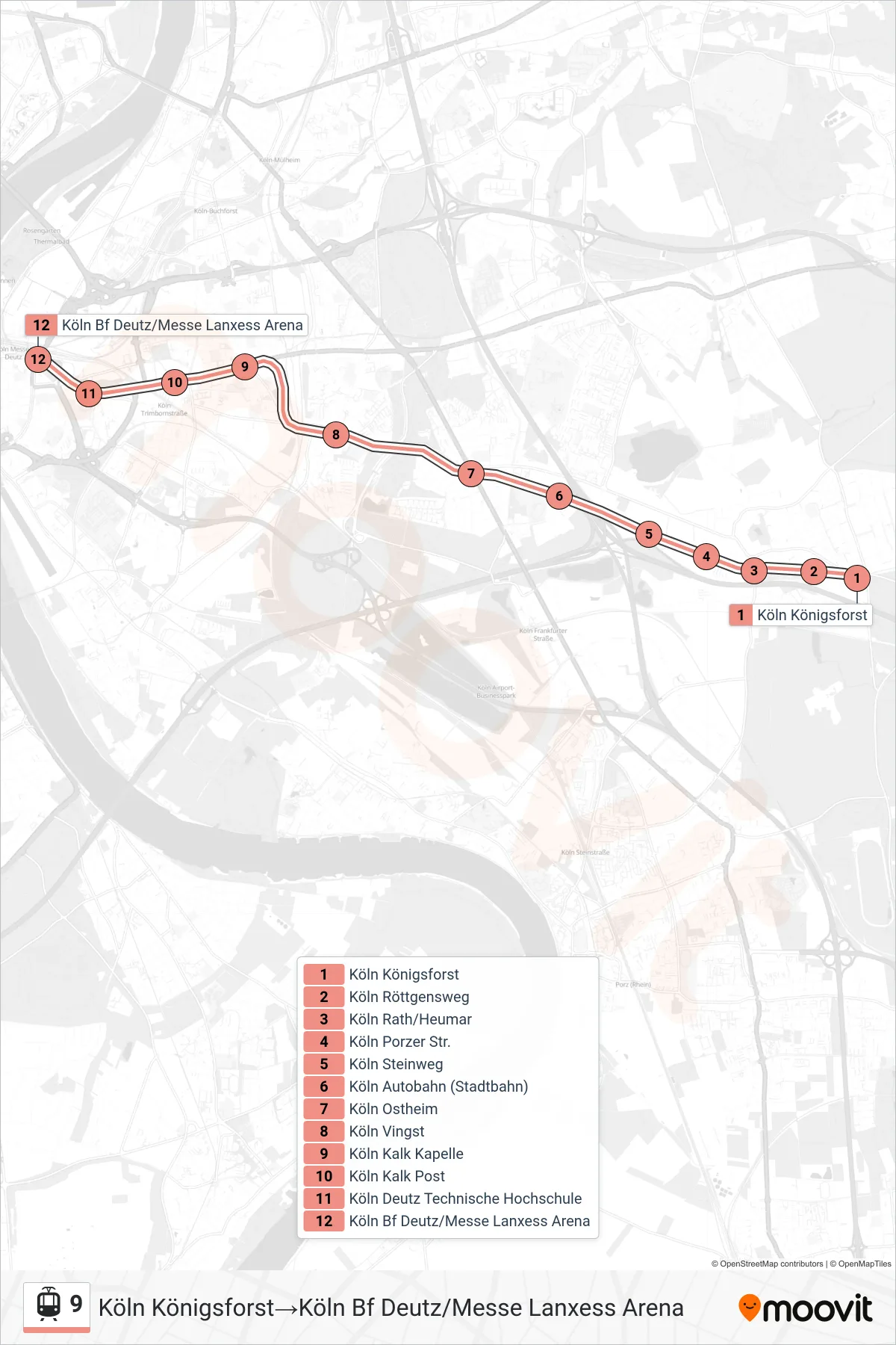 Linie 9 (Straßenbahn) Richtung Köln Königsforst→Köln Bf Deutz/Messe Lanxess Arena: Route und Haltestellen auf der Karte