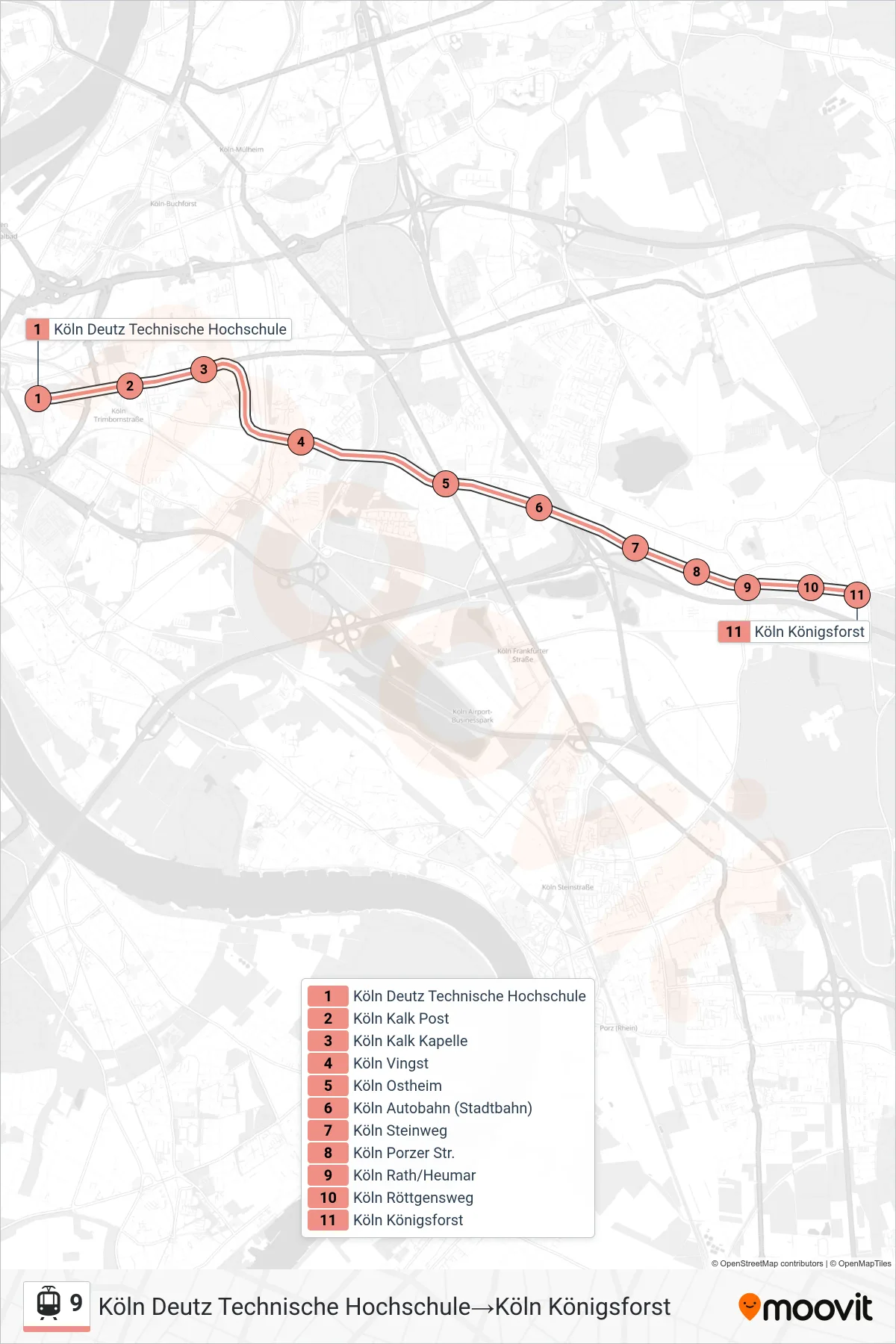 Linie 9 (Tram) Richtung Köln Deutz Technische Hochschule‎→Köln Königsforst: Route und Haltestellen auf der Karte
