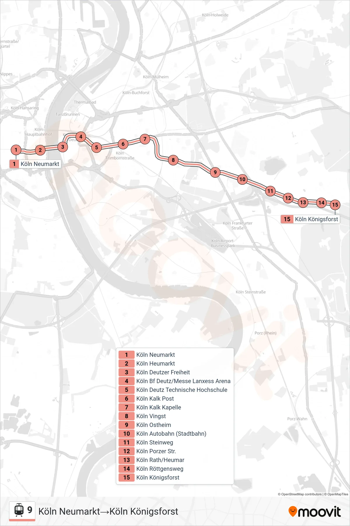 Linie 9 (Straßenbahn) Richtung Köln Neumarkt‎→Köln Königsforst: Route und Haltestellen auf der Karte