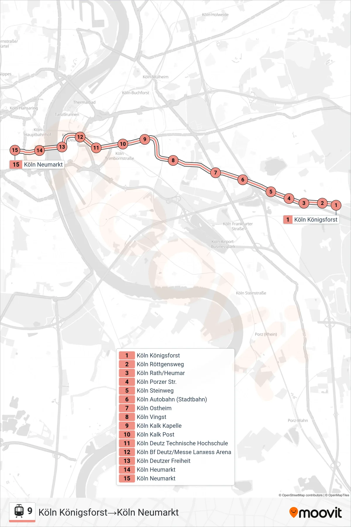 Linie 9 (Straßenbahn) Richtung Köln Königsforst→Köln Neumarkt: Route und Haltestellen auf der Karte