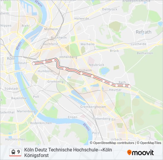 9 Route Fahrpläne, Haltestellen & Karten Köln Deutz Technische Hochschule‎→Köln Königsforst