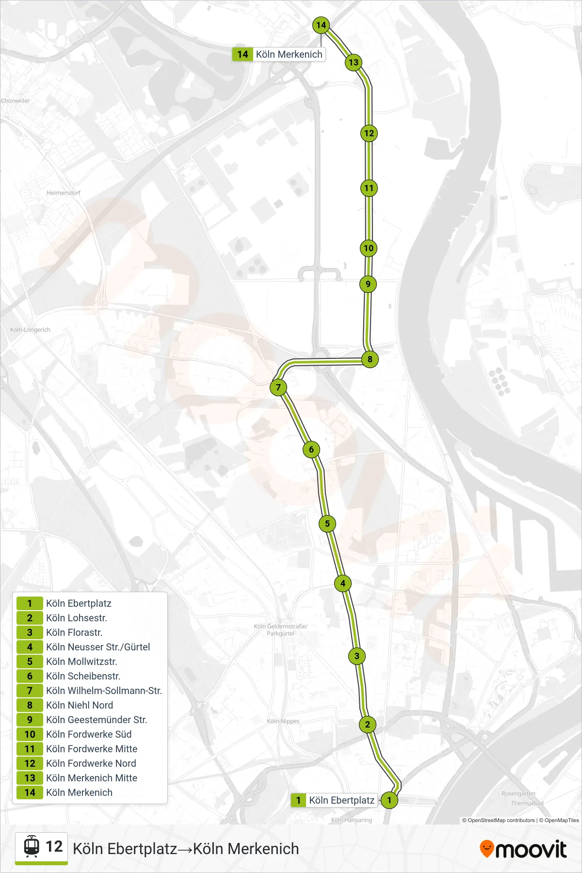 Linie 12 (Straßenbahn) Richtung Köln Ebertplatz‎→Köln Merkenich: Route und Haltestellen auf der Karte
