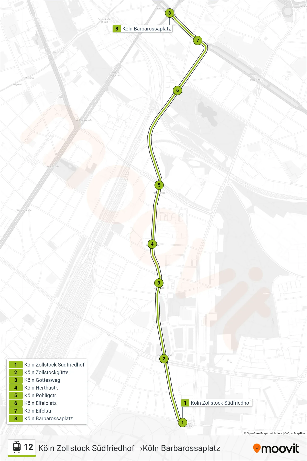 12 tram Line (Köln Zollstock Südfriedhof→Köln Barbarossaplatz) route and stops on a map