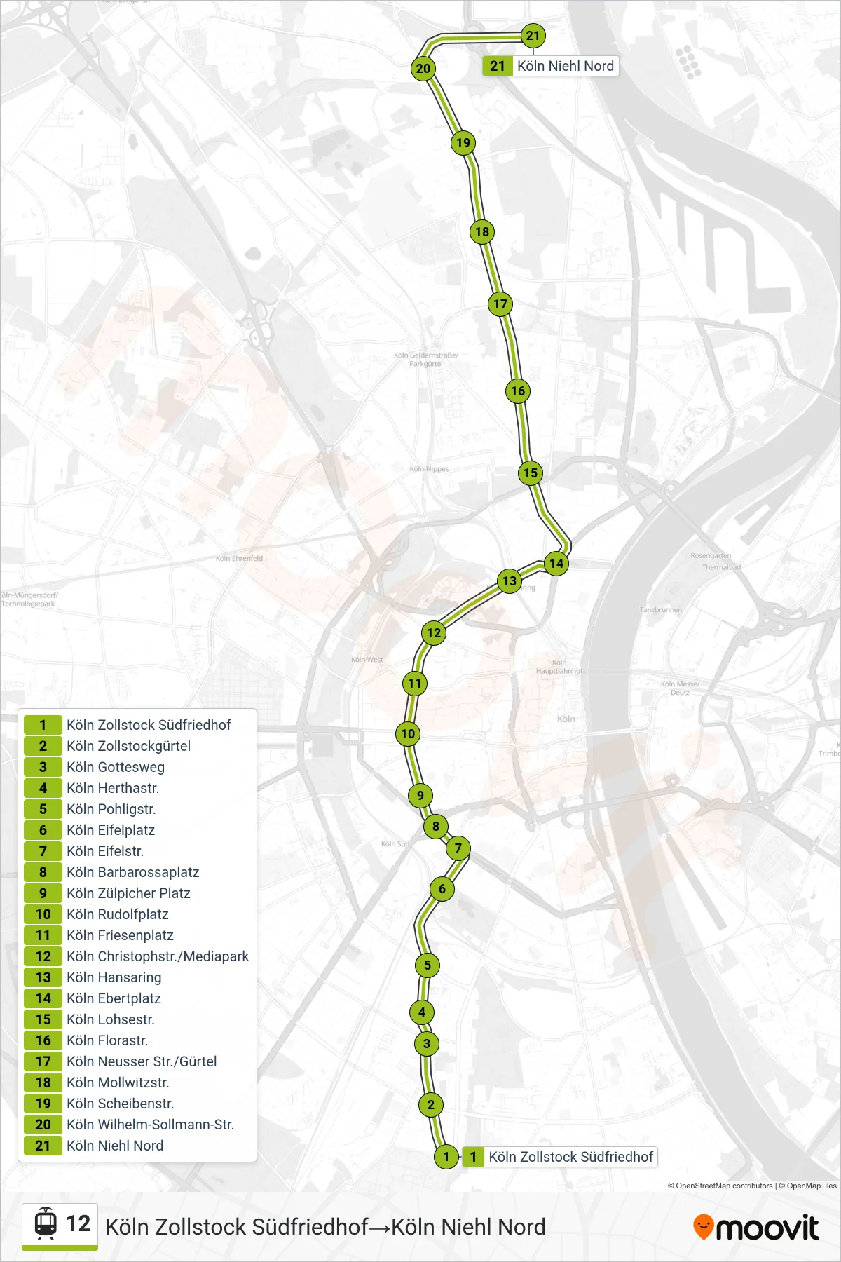 12 light rail Line (Köln Zollstock Südfriedhof→Köln Niehl Nord) route and stops on a map