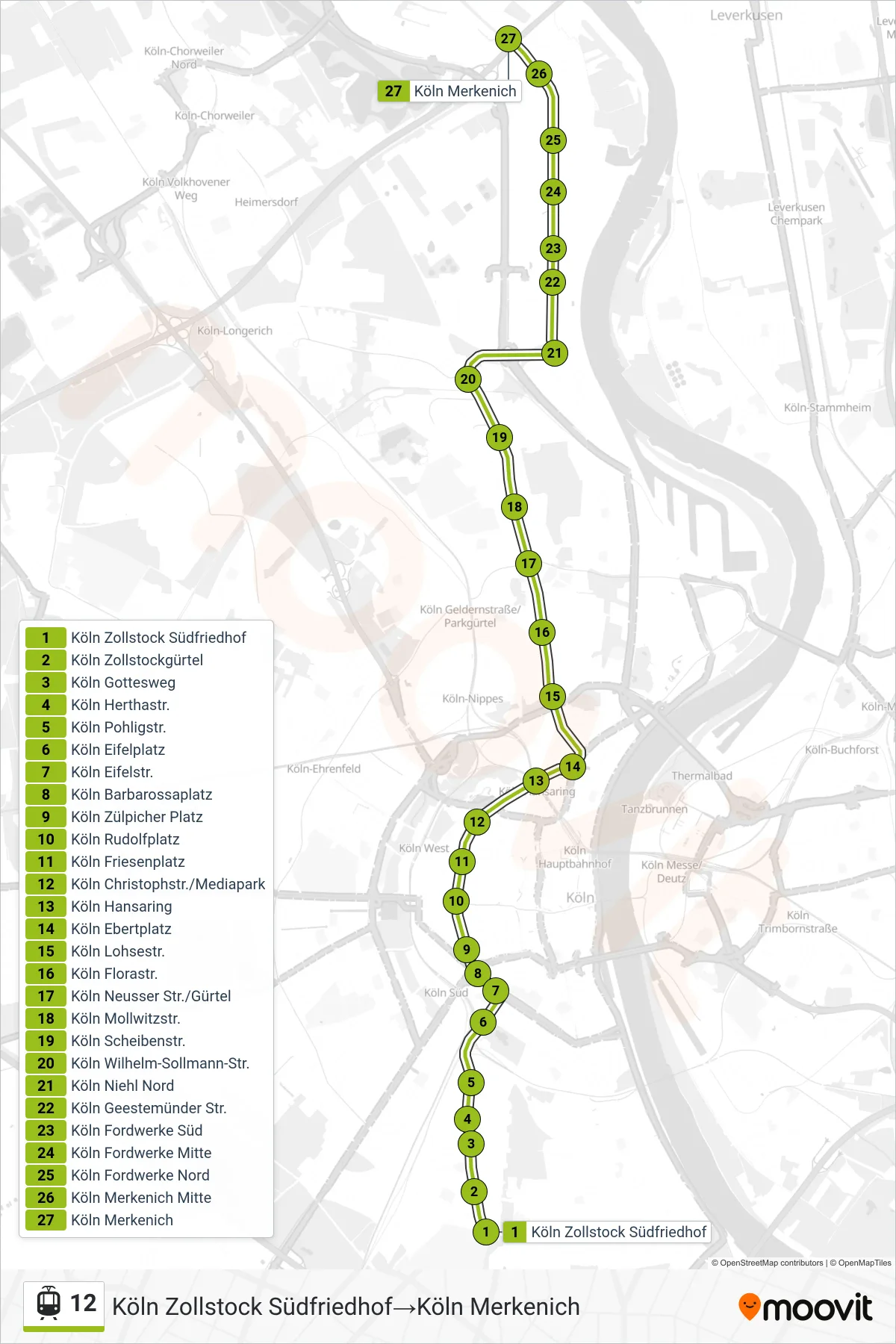 Linie 12 (Straßenbahn) Richtung Köln Zollstock Südfriedhof→Köln Merkenich: Route und Haltestellen auf der Karte