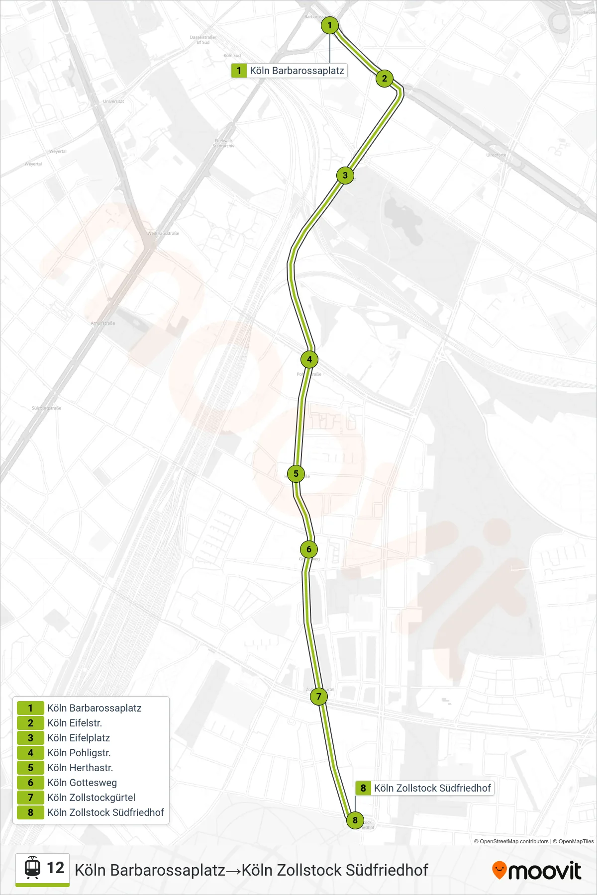 Linie 12 (Tram) Richtung Köln Barbarossaplatz‎→Köln Zollstock Südfriedhof: Route und Haltestellen auf der Karte