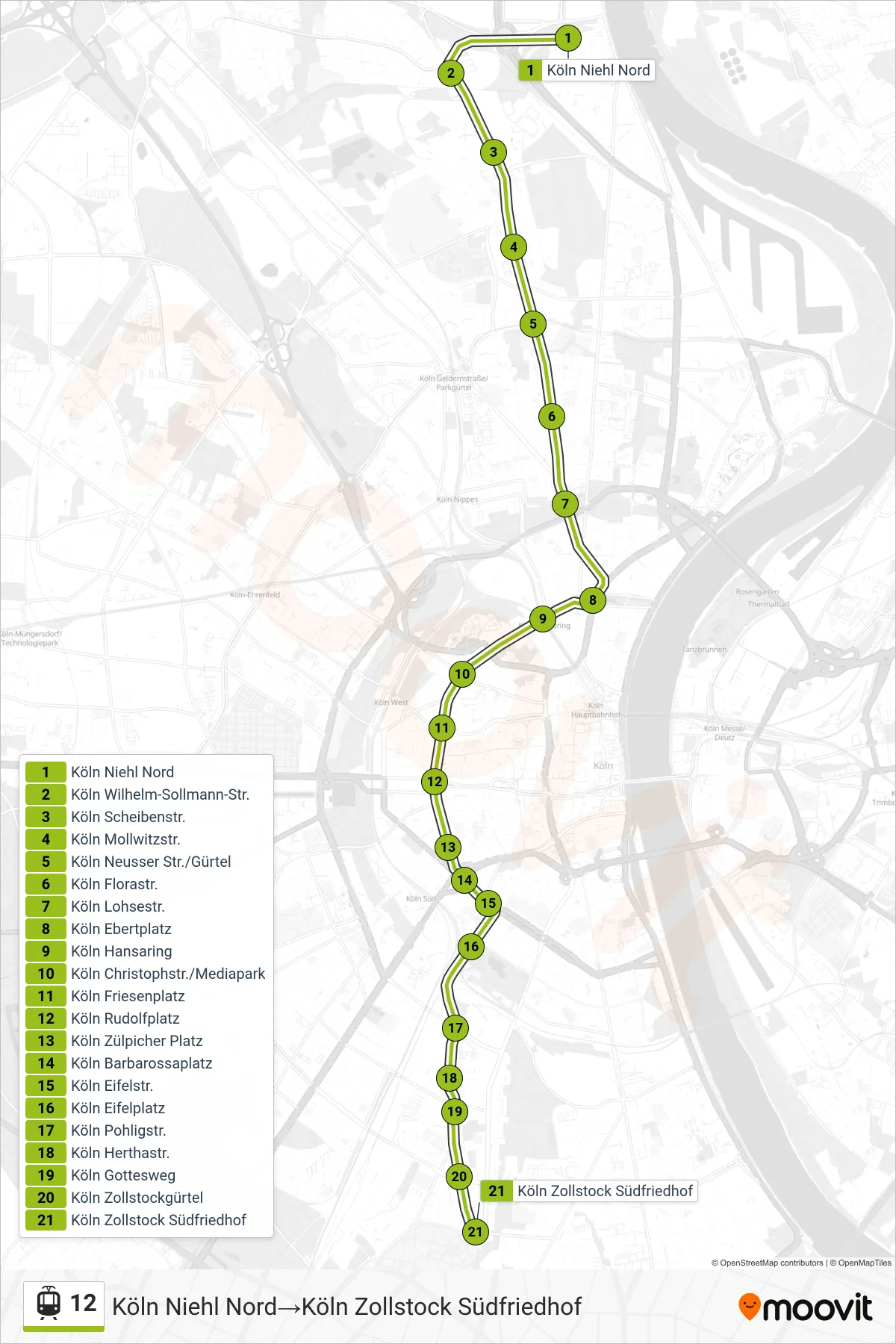 12 tram Line (Köln Niehl Nord→Köln Zollstock Südfriedhof) route and stops on a map