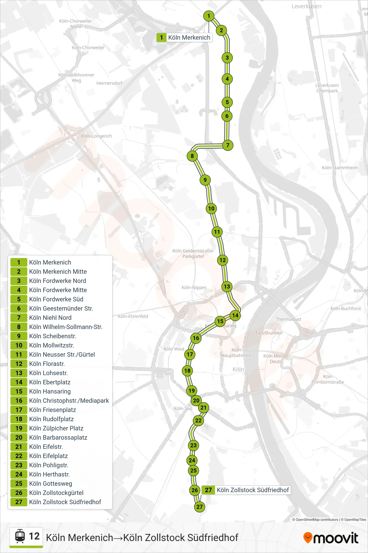 Linie 12 (Straßenbahn) Richtung Köln Merkenich→Köln Zollstock Südfriedhof: Route und Haltestellen auf der Karte