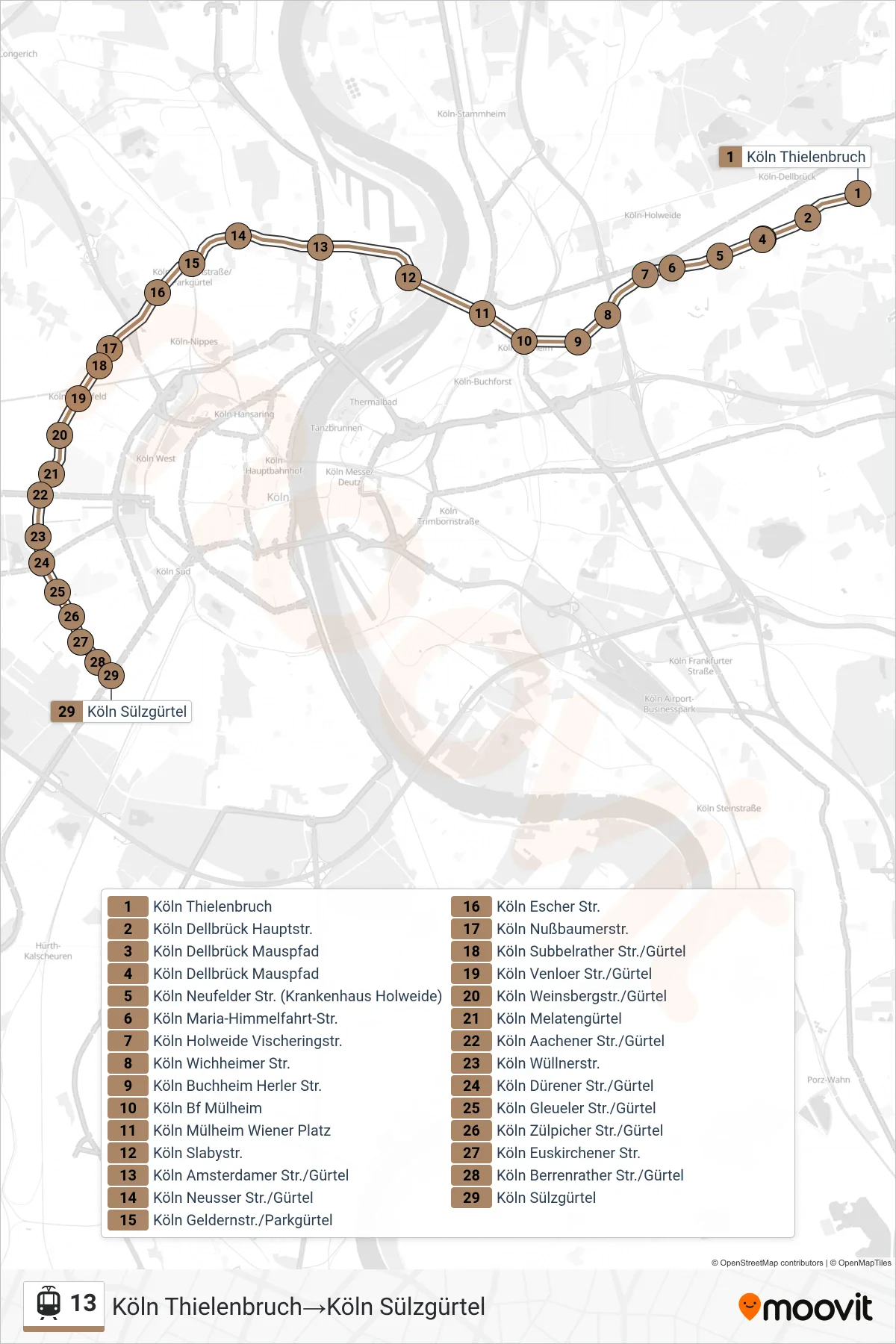 Linie 13 (Straßenbahn) Richtung Köln Thielenbruch→Köln Sülzgürtel: Route und Haltestellen auf der Karte
