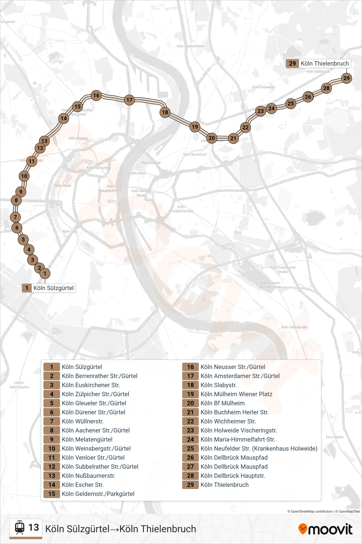 Linie 13 (Straßenbahn) Richtung Köln Sülzgürtel→Köln Thielenbruch: Route und Haltestellen auf der Karte