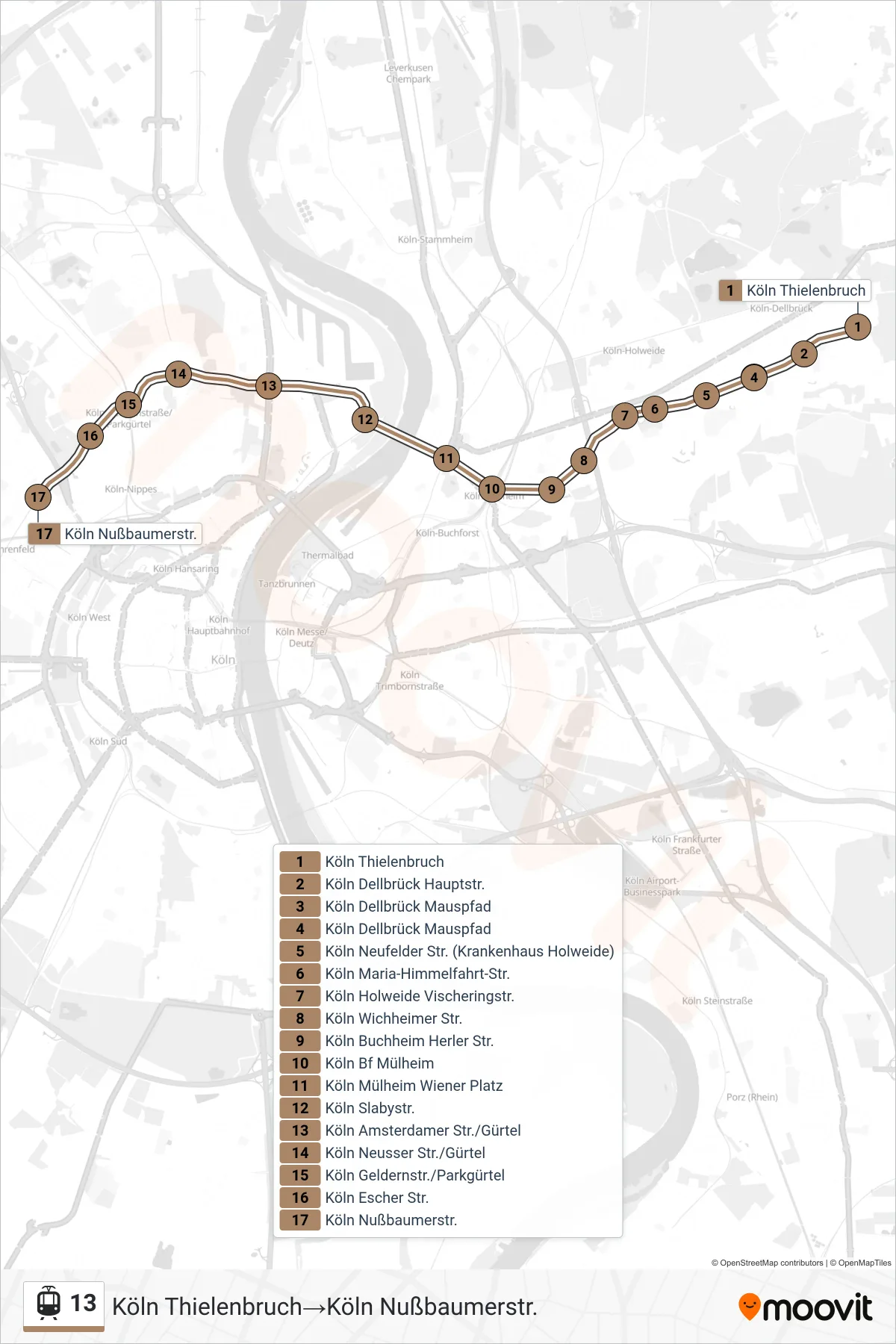 Linie 13 (Straßenbahn) Richtung Köln Thielenbruch‎→Köln Nußbaumerstr.: Route und Haltestellen auf der Karte