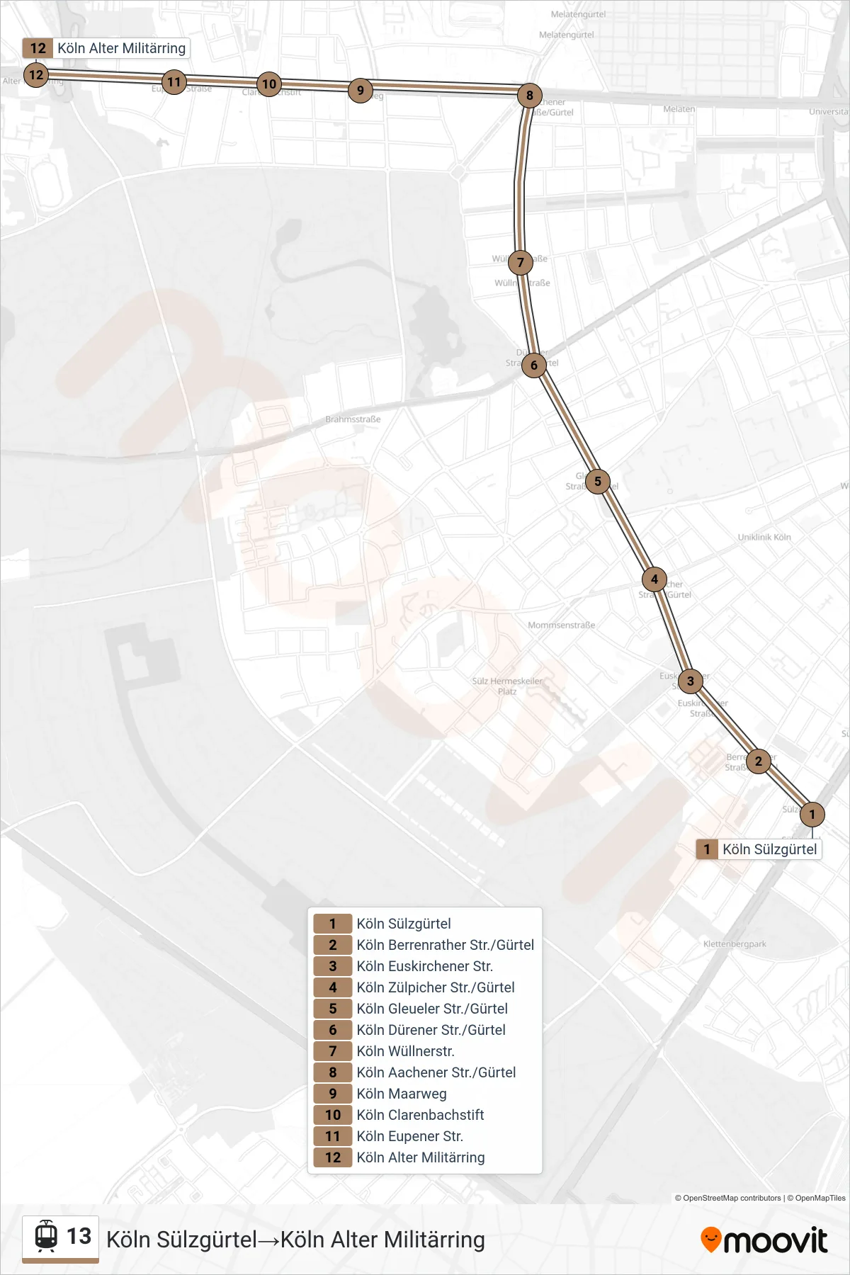Linie 13 (Straßenbahn) Richtung Köln Sülzgürtel‎→Köln Alter Militärring: Route und Haltestellen auf der Karte