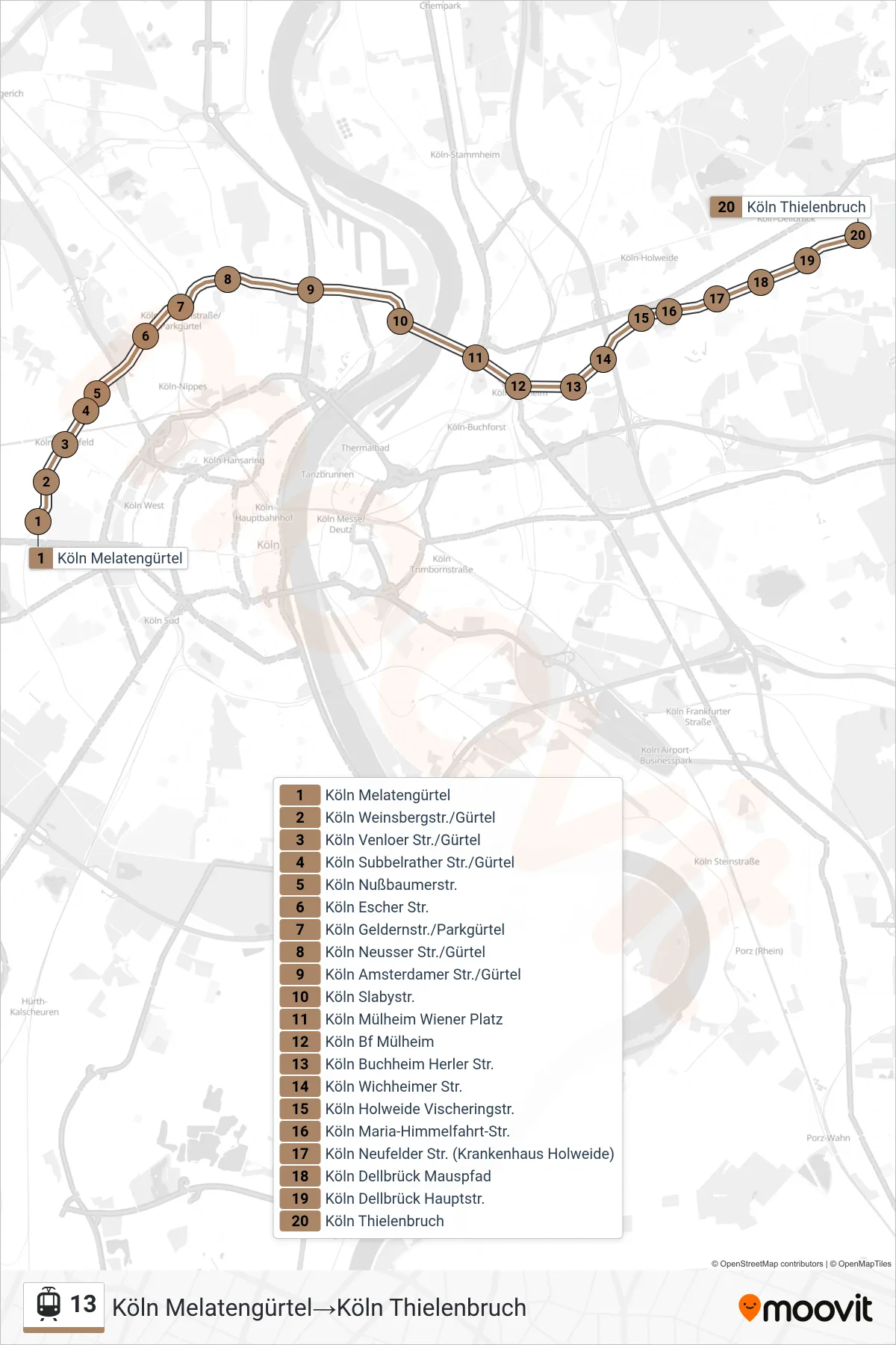 Linie 13 (Straßenbahn) Richtung Köln Melatengürtel‎→Köln Thielenbruch: Route und Haltestellen auf der Karte