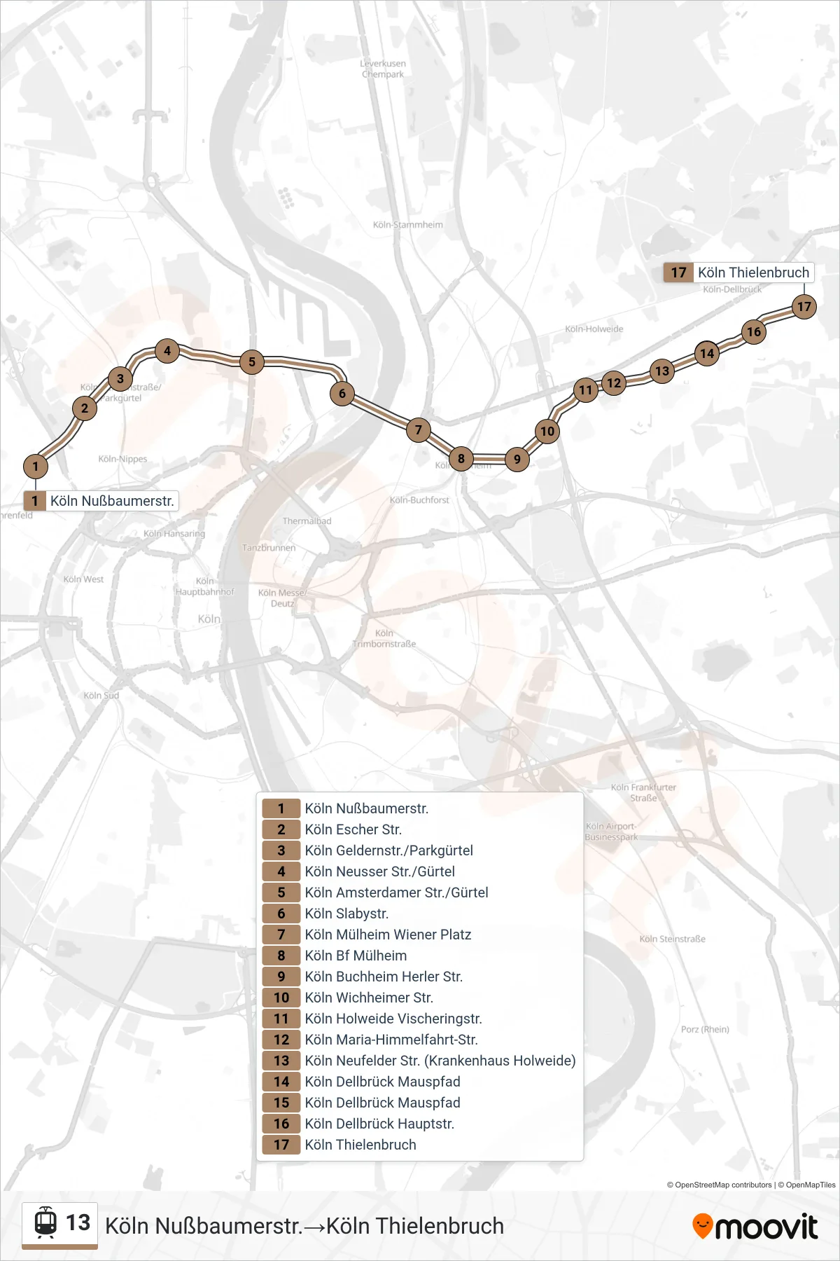 Linie 13 (Tram) Richtung Köln Nußbaumerstr.→Köln Thielenbruch: Route und Haltestellen auf der Karte