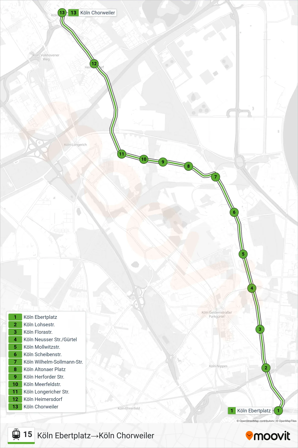 Linie 15 (Straßenbahn) Richtung Köln Ebertplatz‎→Köln Chorweiler: Route und Haltestellen auf der Karte