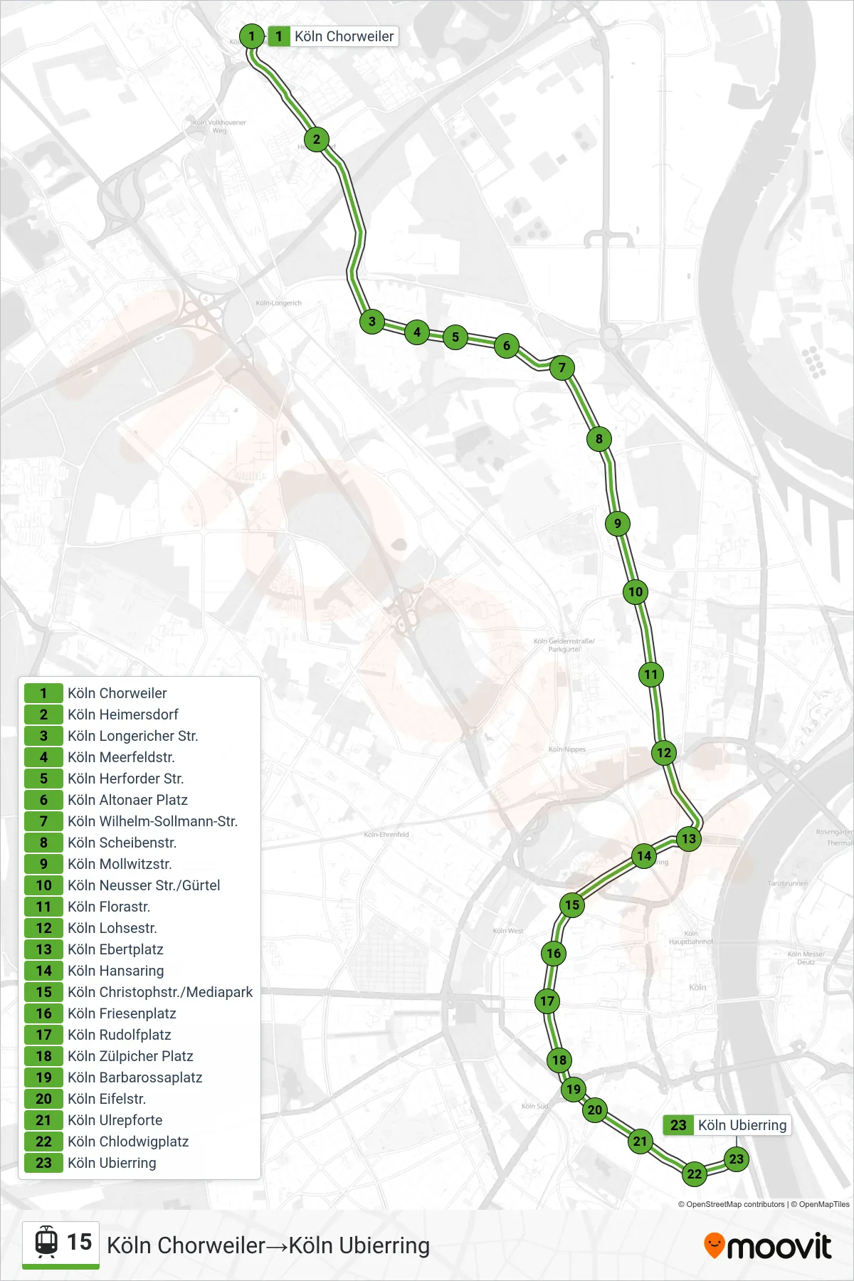 Linie 15 (Straßenbahn) Richtung Köln Chorweiler‎→Köln Ubierring: Route und Haltestellen auf der Karte