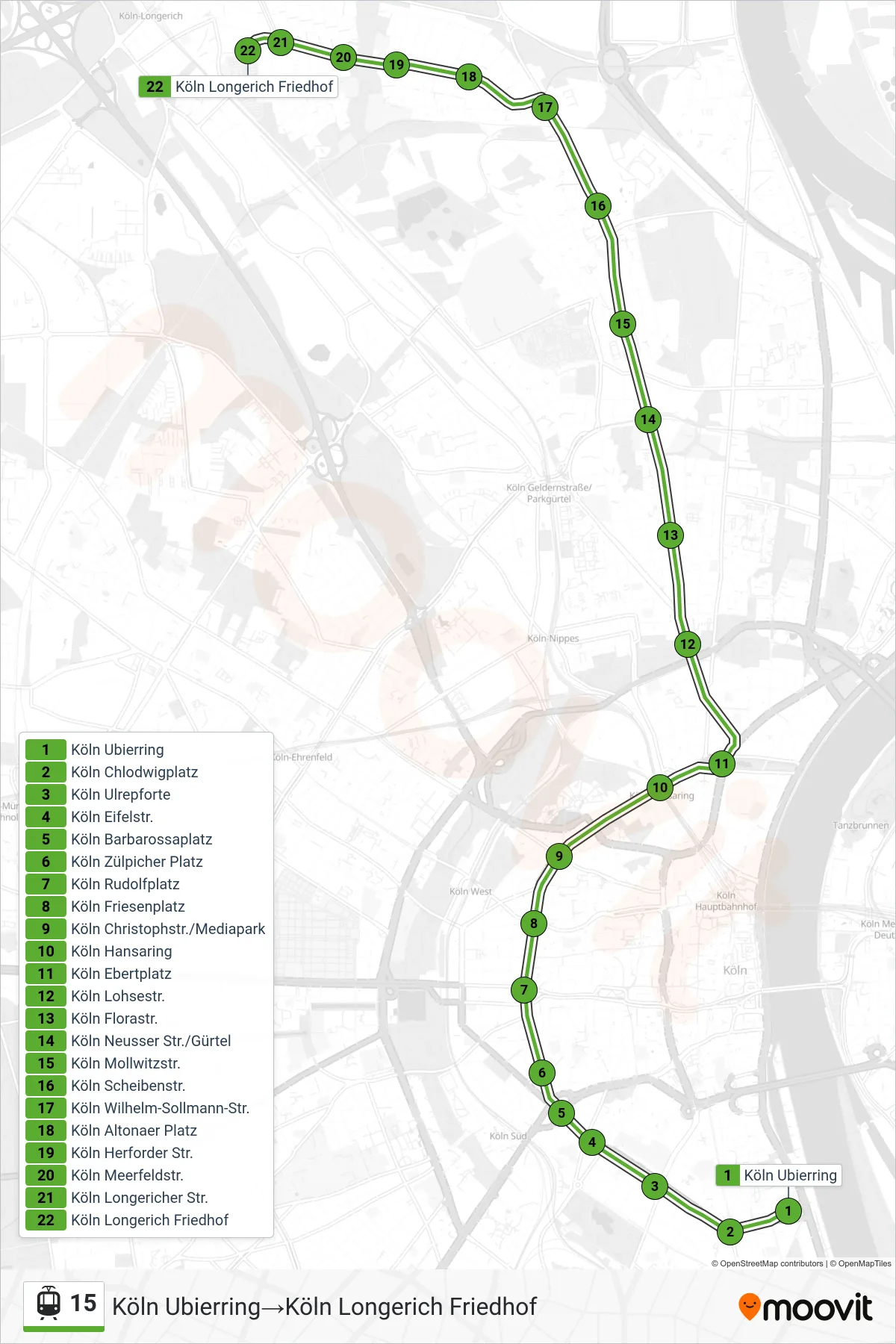 Linie 15 (Straßenbahn) Richtung Köln Ubierring‎→Köln Longerich Friedhof: Route und Haltestellen auf der Karte