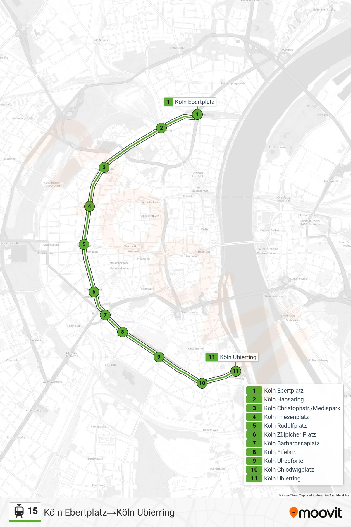 Linie 15 (Straßenbahn) Richtung Köln Ebertplatz‎→Köln Ubierring: Route und Haltestellen auf der Karte