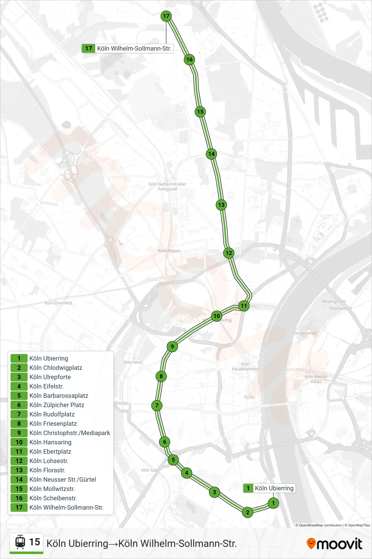 Linie 15 (Straßenbahn) Richtung Köln Ubierring→Köln Wilhelm-Sollmann-Str.: Route und Haltestellen auf der Karte