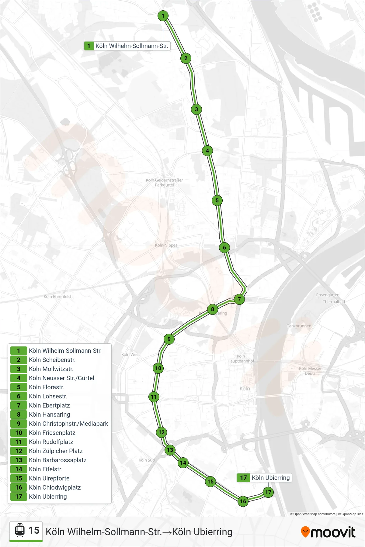 Linie 15 (Straßenbahn) Richtung Köln Wilhelm-Sollmann-Str.‎→Köln Ubierring: Route und Haltestellen auf der Karte