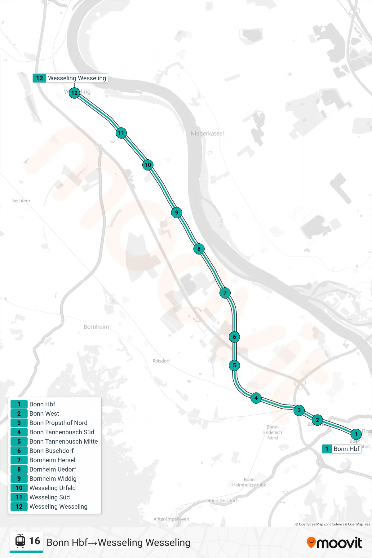 Linie 16 (Straßenbahn) Richtung Bonn Hbf‎→Wesseling Wesseling: Route und Haltestellen auf der Karte