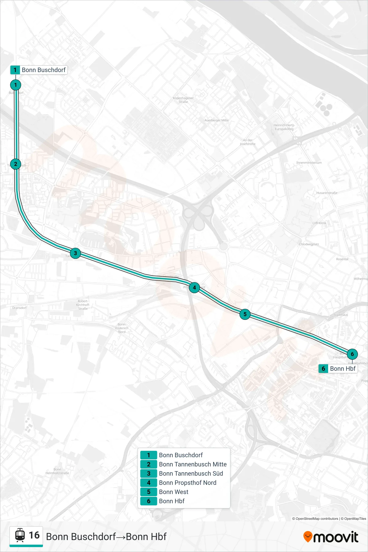 Linie 16 (Straßenbahn) Richtung Bonn Buschdorf‎→Bonn Hbf: Route und Haltestellen auf der Karte