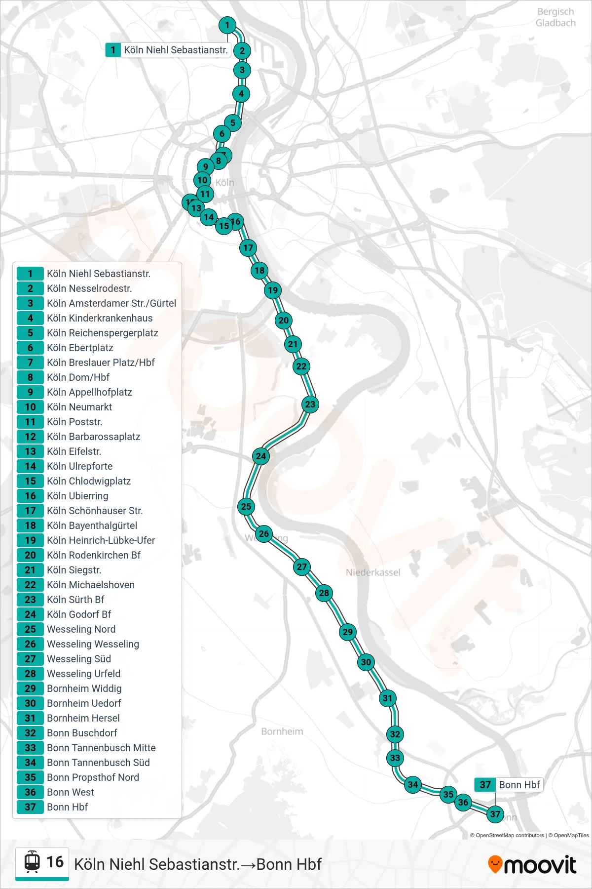 Linie 16 (Straßenbahn) Richtung Köln Niehl Sebastianstr.‎→Bonn Hbf: Route und Haltestellen auf der Karte